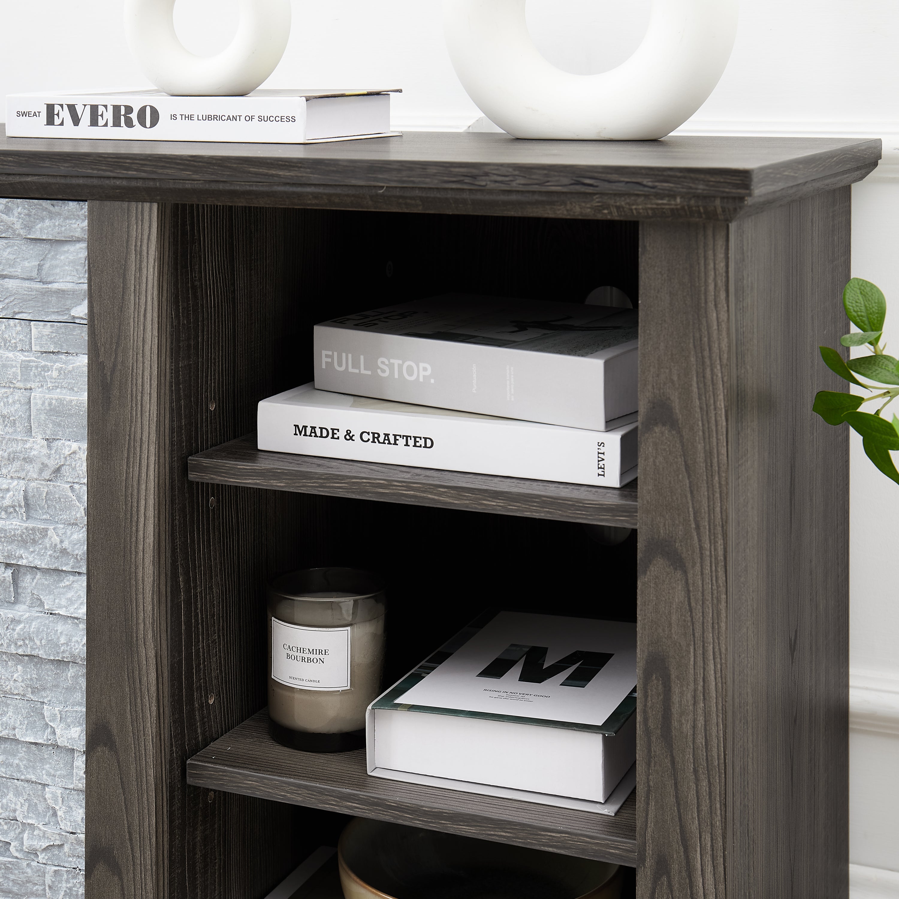 Mantel Stone TV Media Stand with with Faux Stacked Stone Surround, Modern Entertainment Console with Open Storage Space,Grey, 58.31'W*15.39'D*26.06'H - Grand Goldman Shop