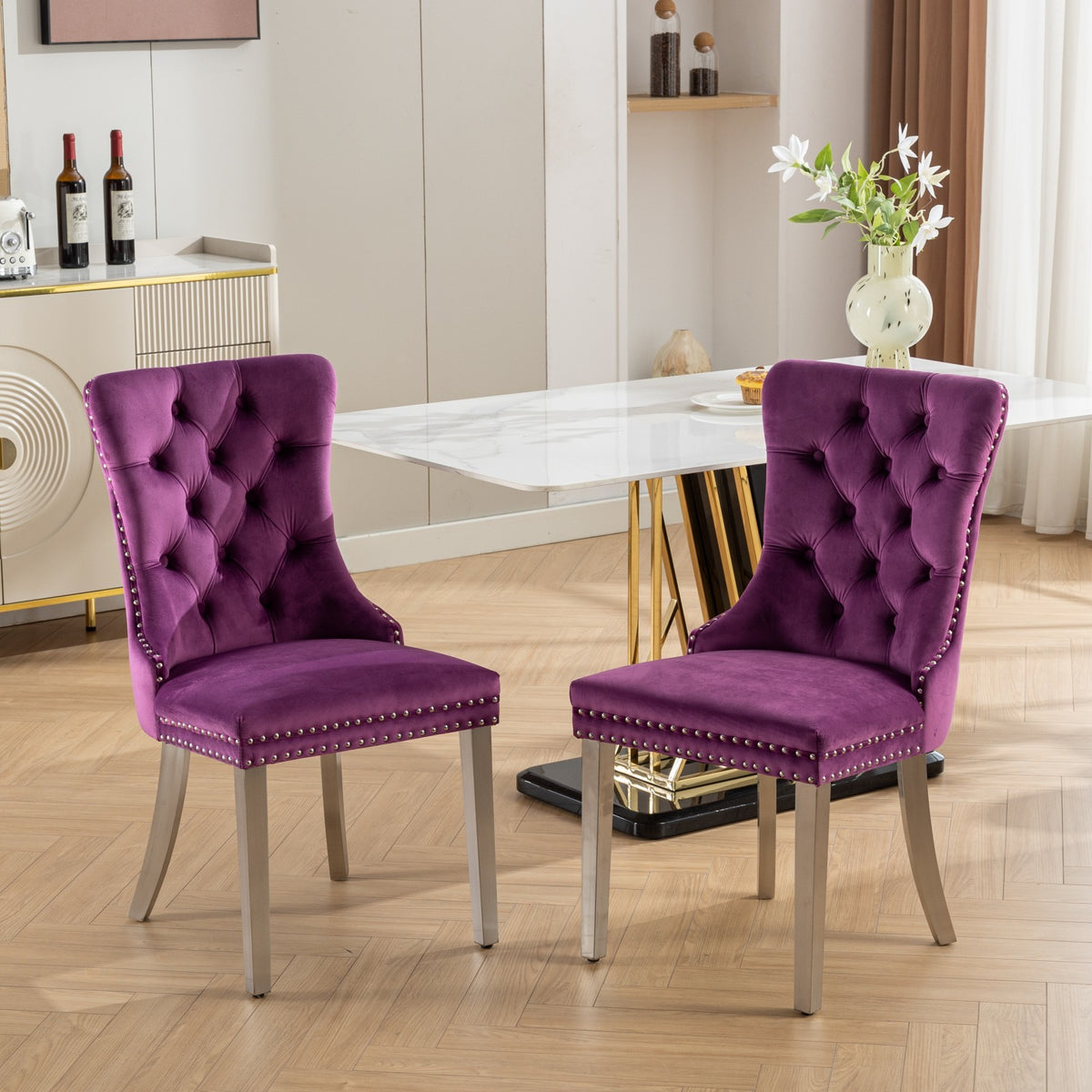 Nikki Collection Modern, High-end Tufted Solid Wood Contemporary Velvet Upholstered Dining Chair with Chrome Stainless Steel Plating Legs,Nailhead Trim,Set of 2,Purple and Chrome, SW1701PP - Grand Goldman Shop