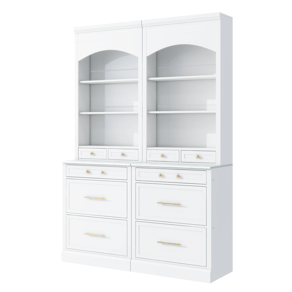 [Assembly Video Provided] TOPMAX Modern 83.7inch High Kitchen Pantry, Freestanding Tall Kitchen Hutch with Faux Marble Top,Cupboard Cabinet with 5 Storage Drawers and Adjustable Shelf, Set of 2, White - Grand Goldman Shop