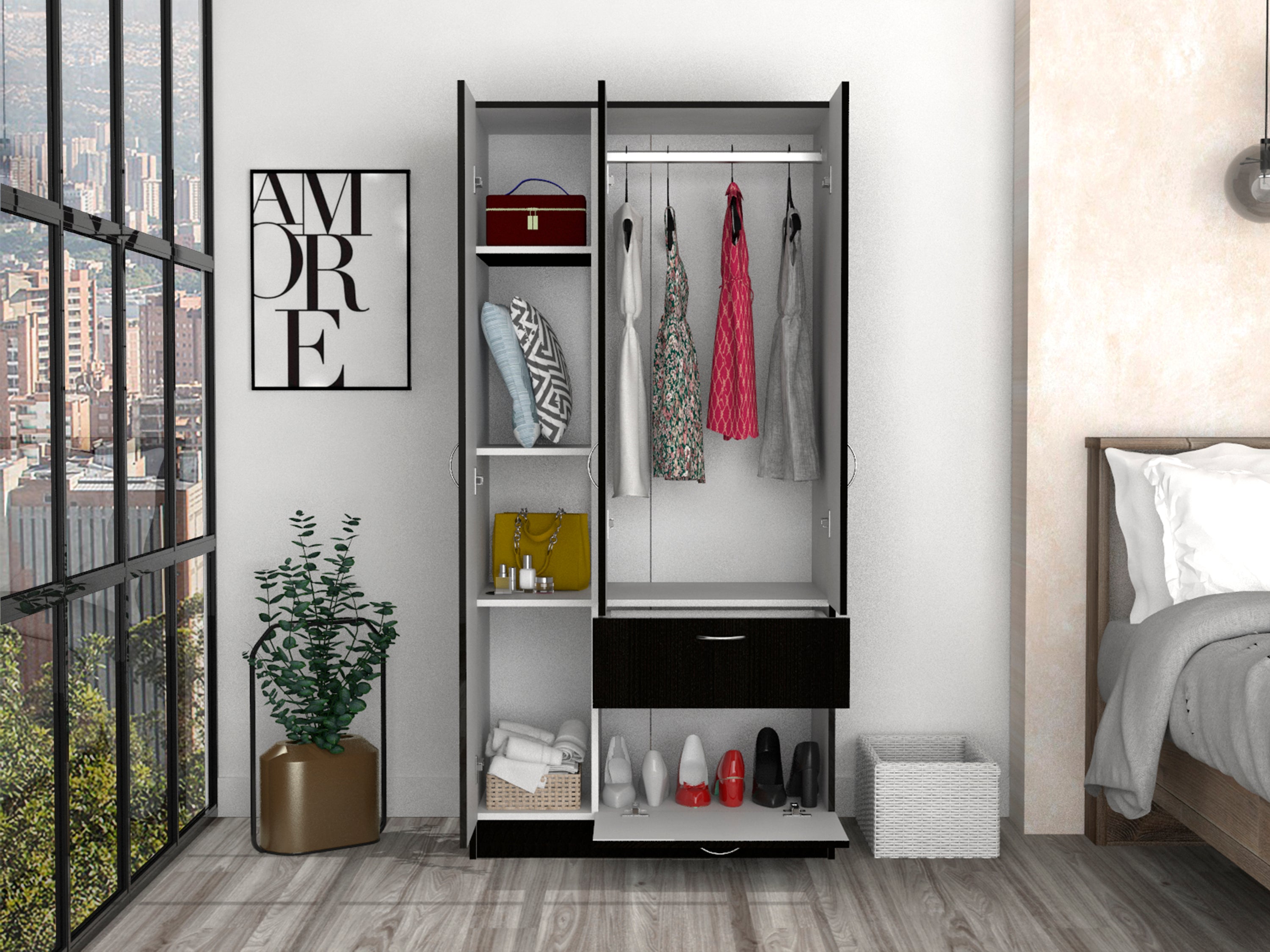 Primavera Armoire, Double Door Cabinets, One Drawer, Metal Rod, Five Shelves -Black / White - Grand Goldman Shop