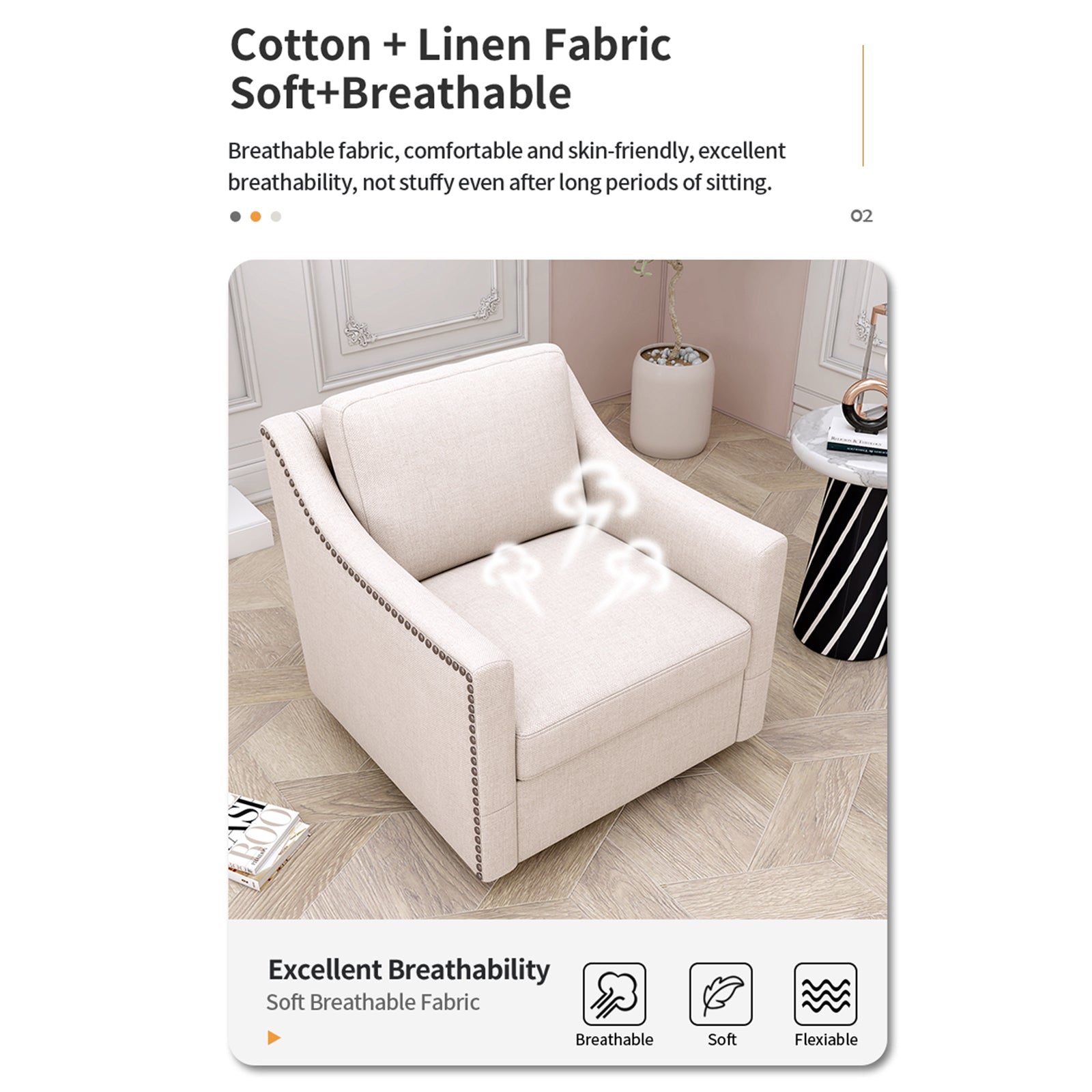 Ergonomic Swivel Armchair with Cotton Linen Upholstery and Brass Nail Decoration, Black Legs - Grand Goldman Shop