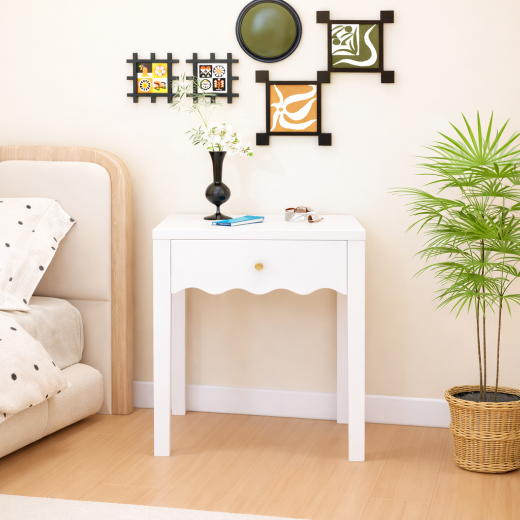 White Nightstand with Drawer, Modern Bedside Table with Wavy Apron Design, Compact End Table for Bedroom Living Room, Small Side Table with Storage - Grand Goldman Shop