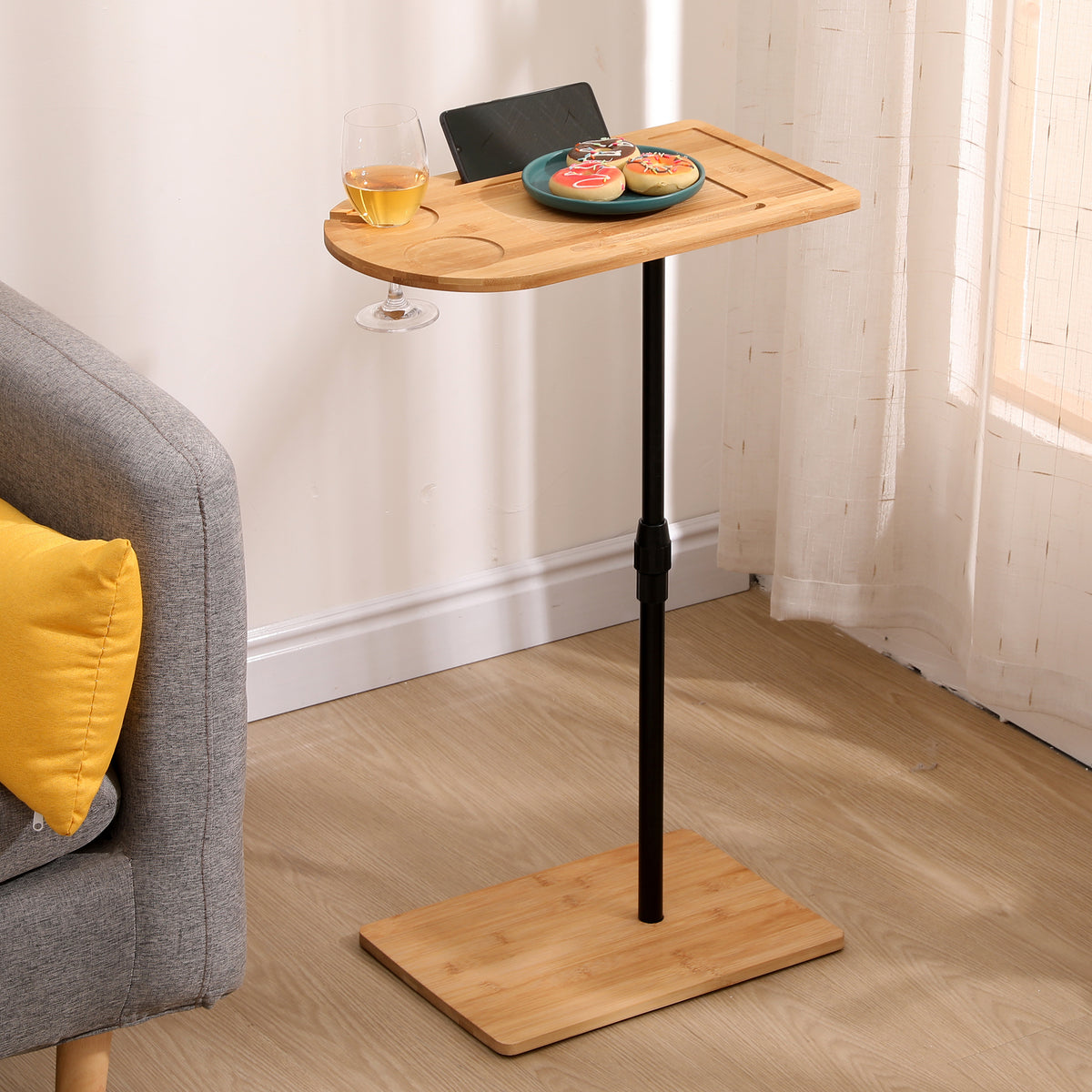 Couch Tray Table Bamboo Height Adjustable Side Table for Sofa C-shaped Oval End Tables with Slots for Bed & Chairs in Living Room & Bedroom (Oval + Rectangle) - Grand Goldman Shop