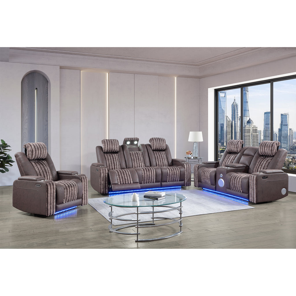 Duran Brown 3PC Power Reclining Sofa-Loveseat and Recliner with Power Headrest, LED, USB, and Bluetooth Speaker - Grand Goldman Shop
