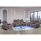 Duran Brown 3PC Power Reclining Sofa-Loveseat and Recliner with Power Headrest, LED, USB, and Bluetooth Speaker - Grand Goldman Shop