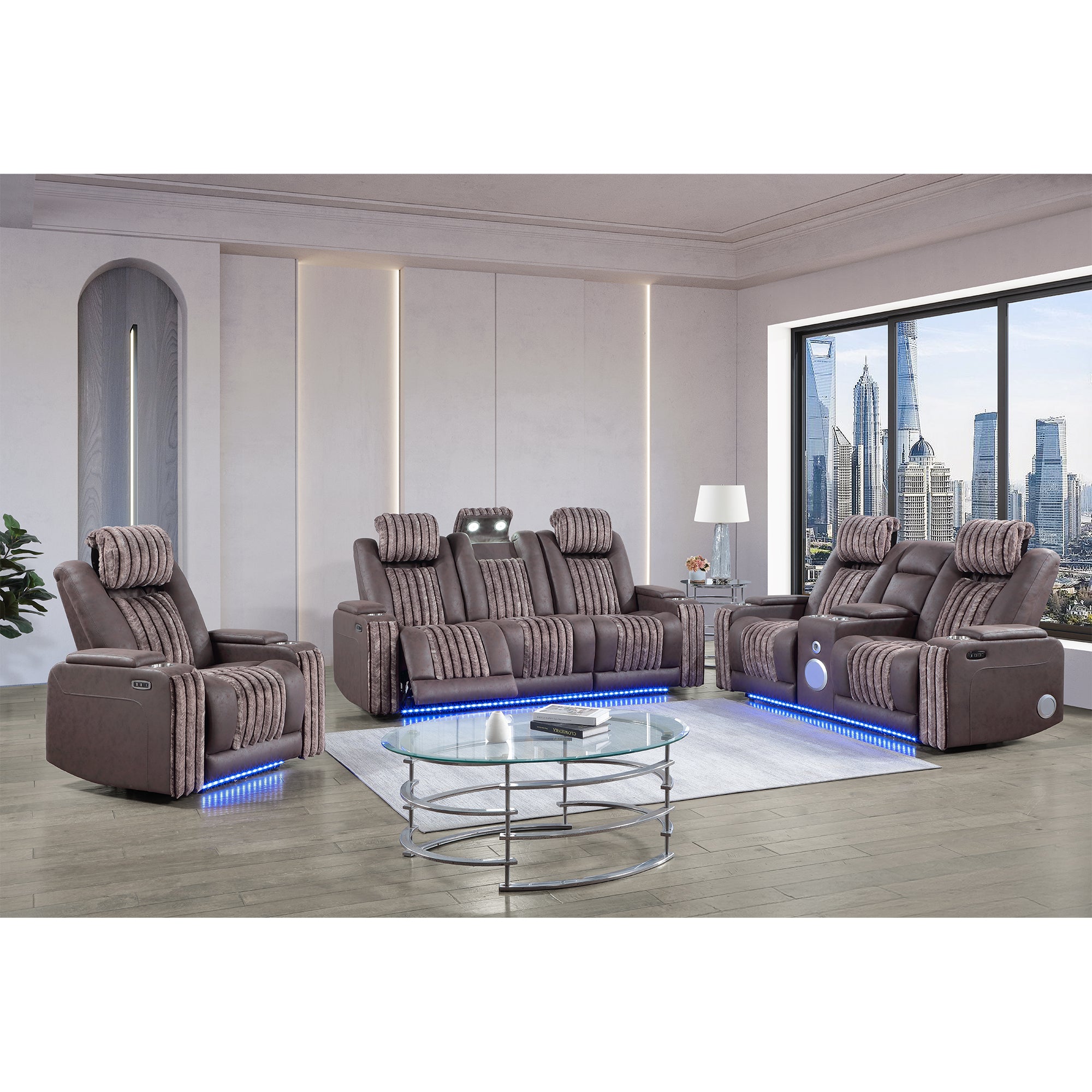 Duran Brown 3PC Power Reclining Sofa-Loveseat and Recliner with Power Headrest, LED, USB, and Bluetooth Speaker - Grand Goldman Shop