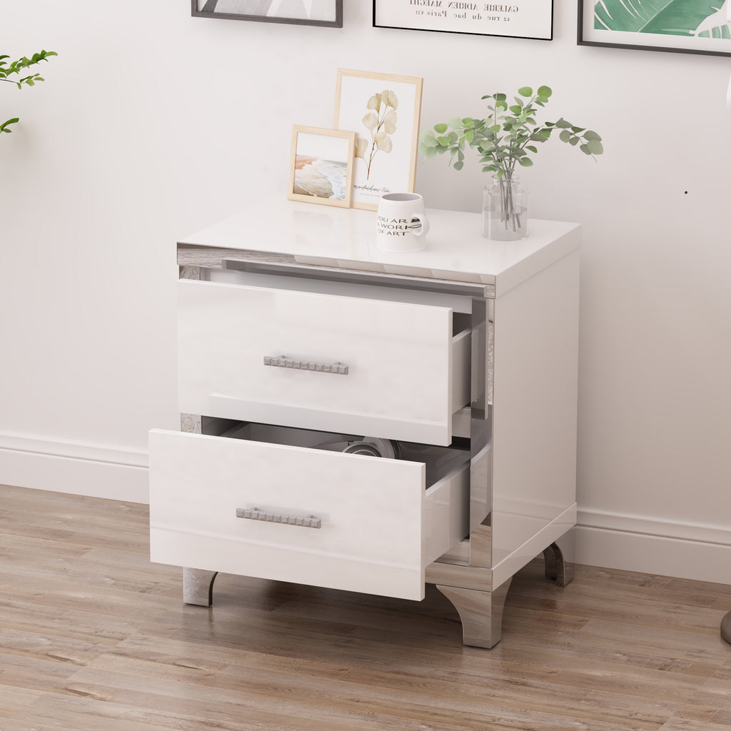 Elegant High Gloss Nightstand with Metal Handle,Mirrored Bedside Table with 2 Drawers for Bedroom,Living Room,White - Grand Goldman Shop