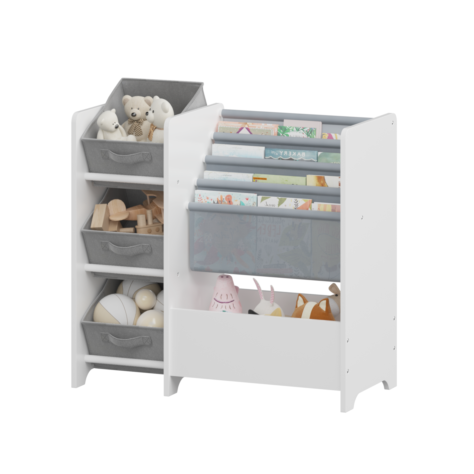 Kids Bookshelf and Toy Storage Organizer, Multifunctional 4-Tier White MDF Bookshelf with 3 Collapsible Fabric Drawers for Nu