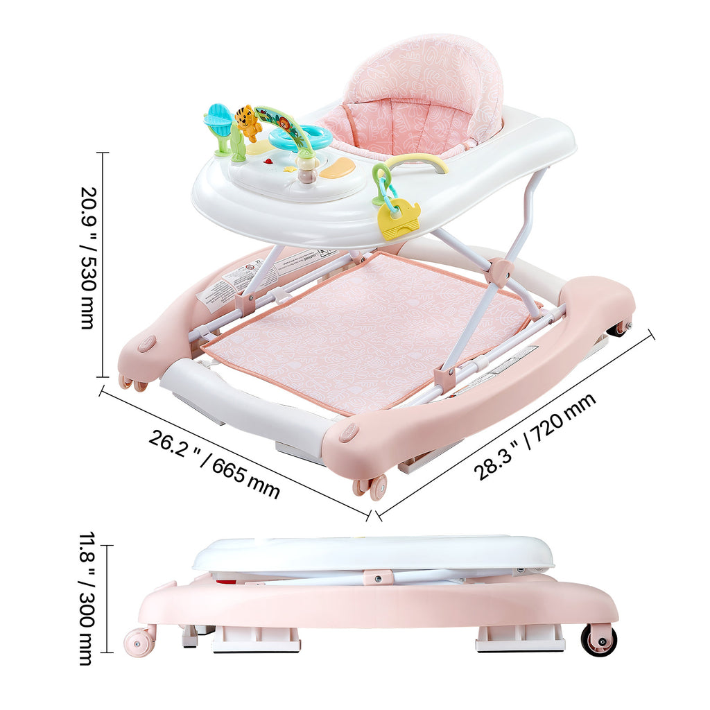 5-in-1 Baby Walker, Folding Baby Activity Center on Wheels, Height Adjustable Rocker Bouncer Walker with Comfortable High-Bac