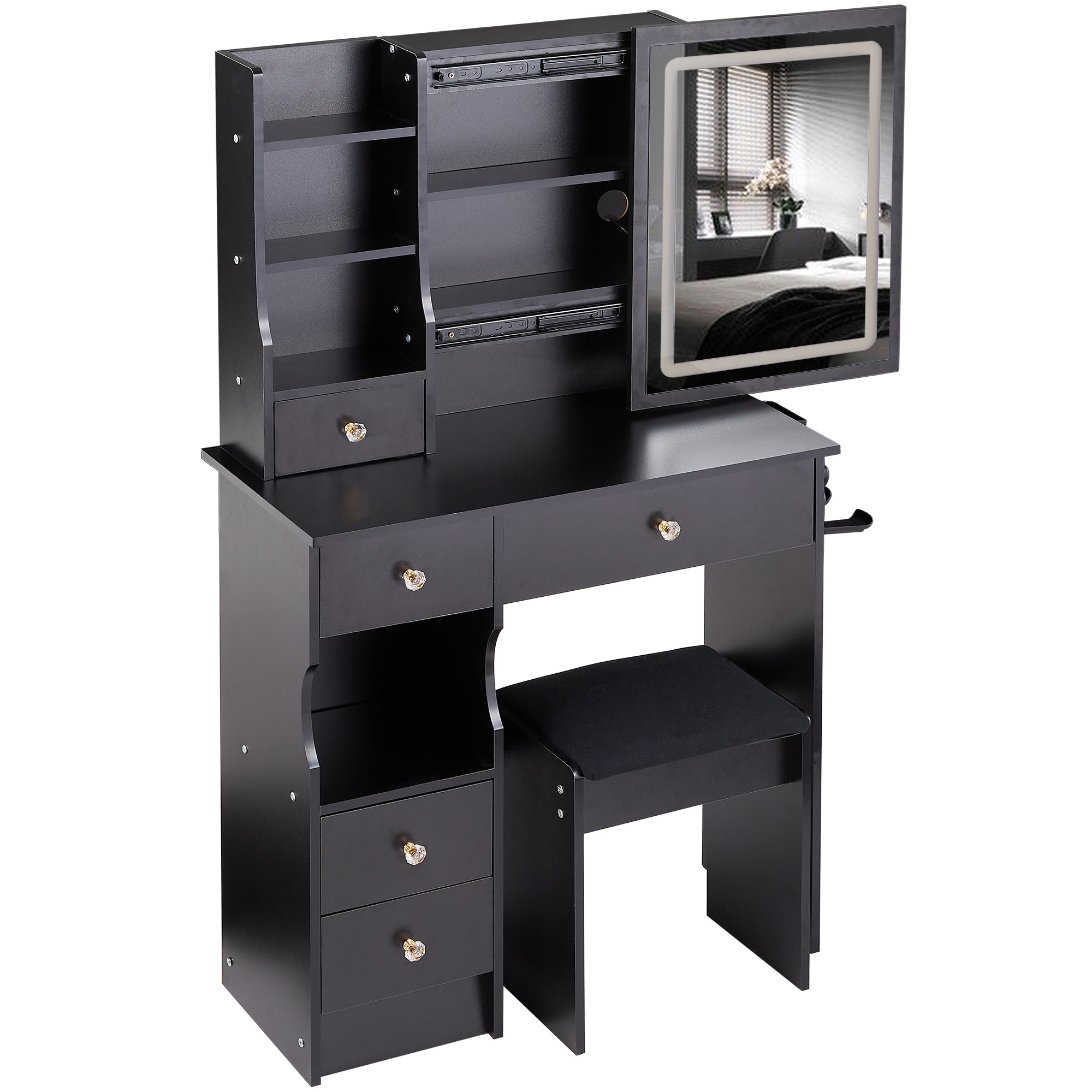 29.2' Small Size Left Drawer Desktop Vanity Table + Cushioned Stool, 2 AC+2 USB Power Station, Hair dryer bracket, Extra Large Touch Control Sliding LED Mirror, Tri-color Switching, Brightness Adjust - Grand Goldman Shop