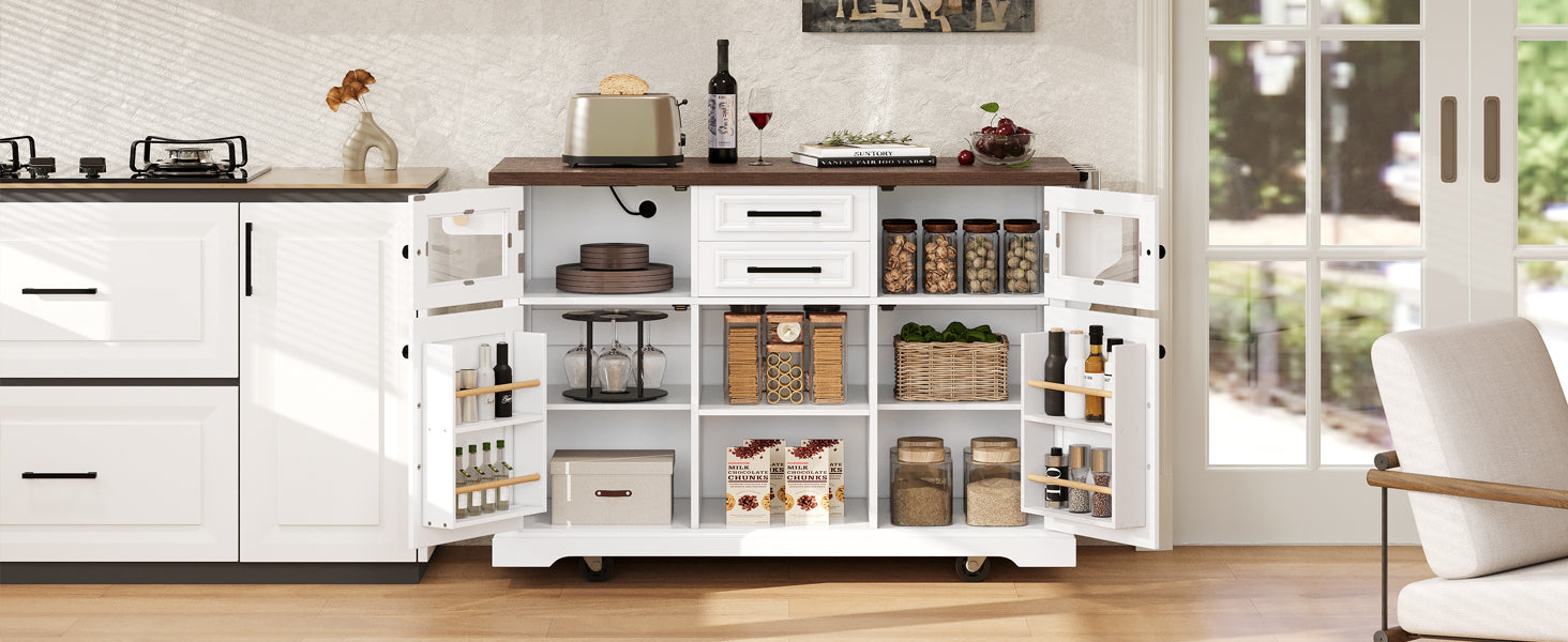 K&K 54.9' Kitchen Island with Drop Leaf, Power Outlet, Kitchen Storage Cart with 4 Door Shelves, Cross Barn Doors & Visual Glass Door, Rolling Kitchen Island on 4 Wheels for Kitchen, Dining Room,White - Grand Goldman Shop