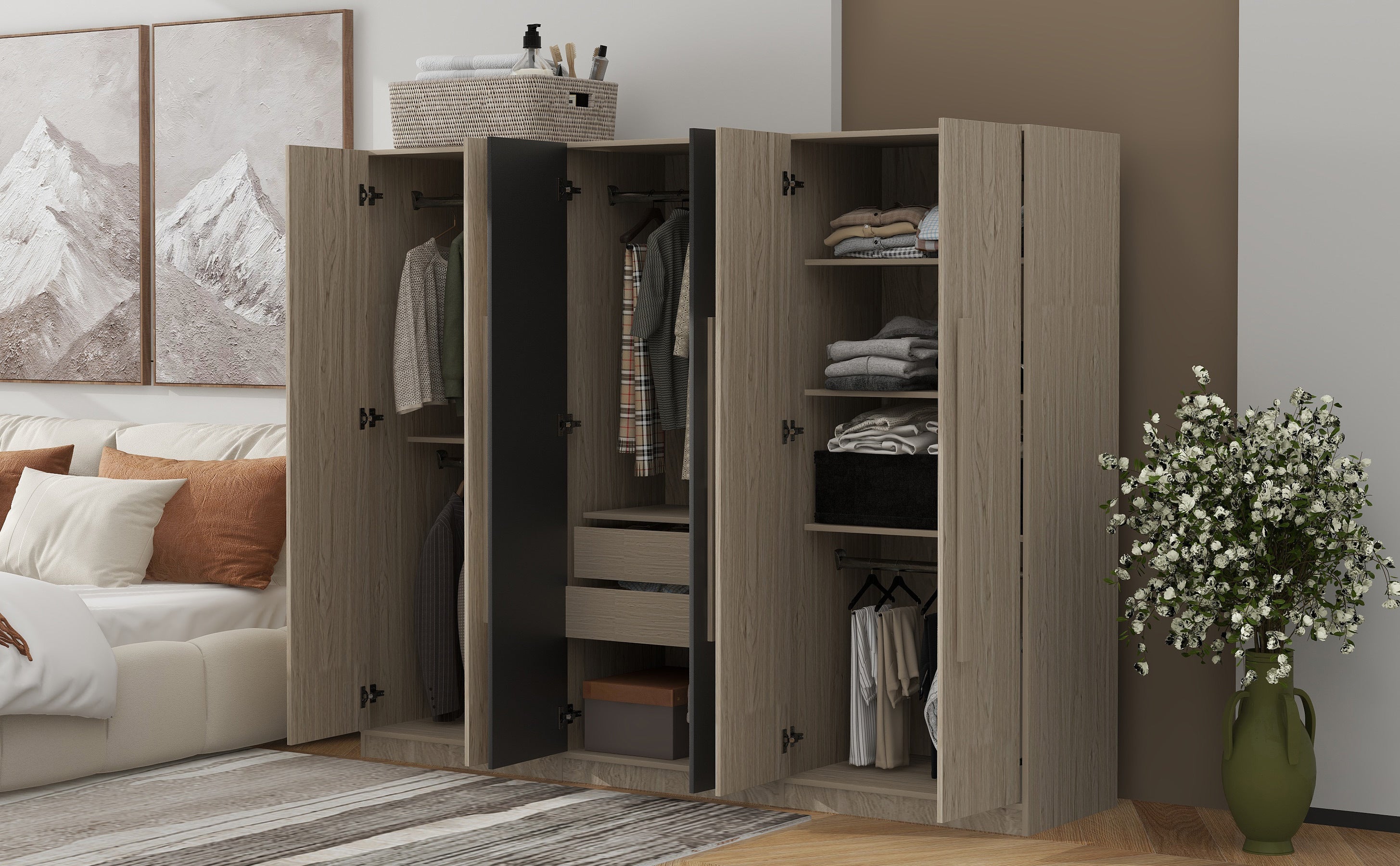 6-Doors Wooden Wardrobe Storage for Bedroom,with 2 Drawers Inside,Black+Nature - Grand Goldman Shop