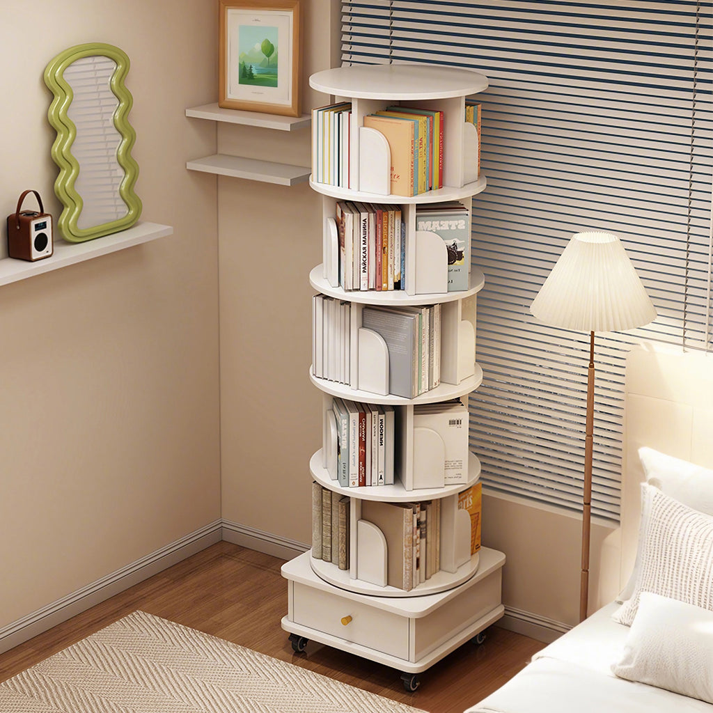 6 Tier Rotating Bookshelf, 360° Display Round Spinning Bookshelf with Wheels and Drawer, Space-Saving, Small Space Rotating Bookshelf Tower for Bedroom, Living Room, Home, Office, Warm White - Grand Goldman Shop