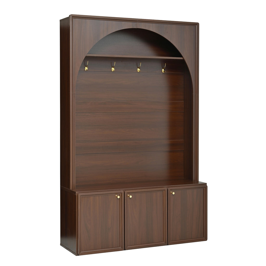 ON-TREND Farmhouse All-in-One Hall Tree with Adjustable Shelves, Retro Arched Entryway Storage Bench with 3 Cabinets, Wooden Coat Rack Organizer with 4 Golden Hooks for Mudroom, Hallway, Walnut - Grand Goldman Shop