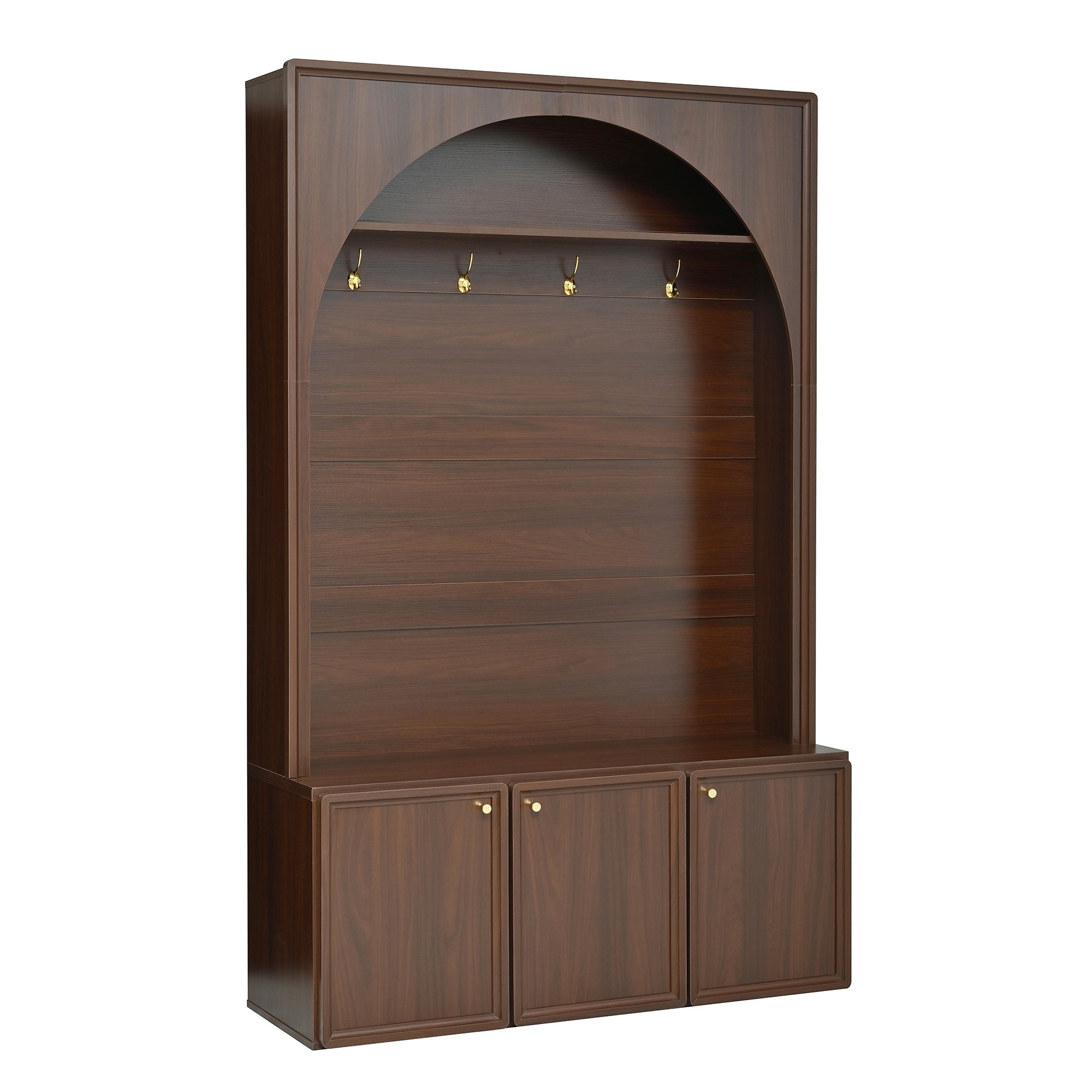 ON-TREND Farmhouse All-in-One Hall Tree with Adjustable Shelves, Retro Arched Entryway Storage Bench with 3 Cabinets, Wooden Coat Rack Organizer with 4 Golden Hooks for Mudroom, Hallway, Walnut - Grand Goldman Shop