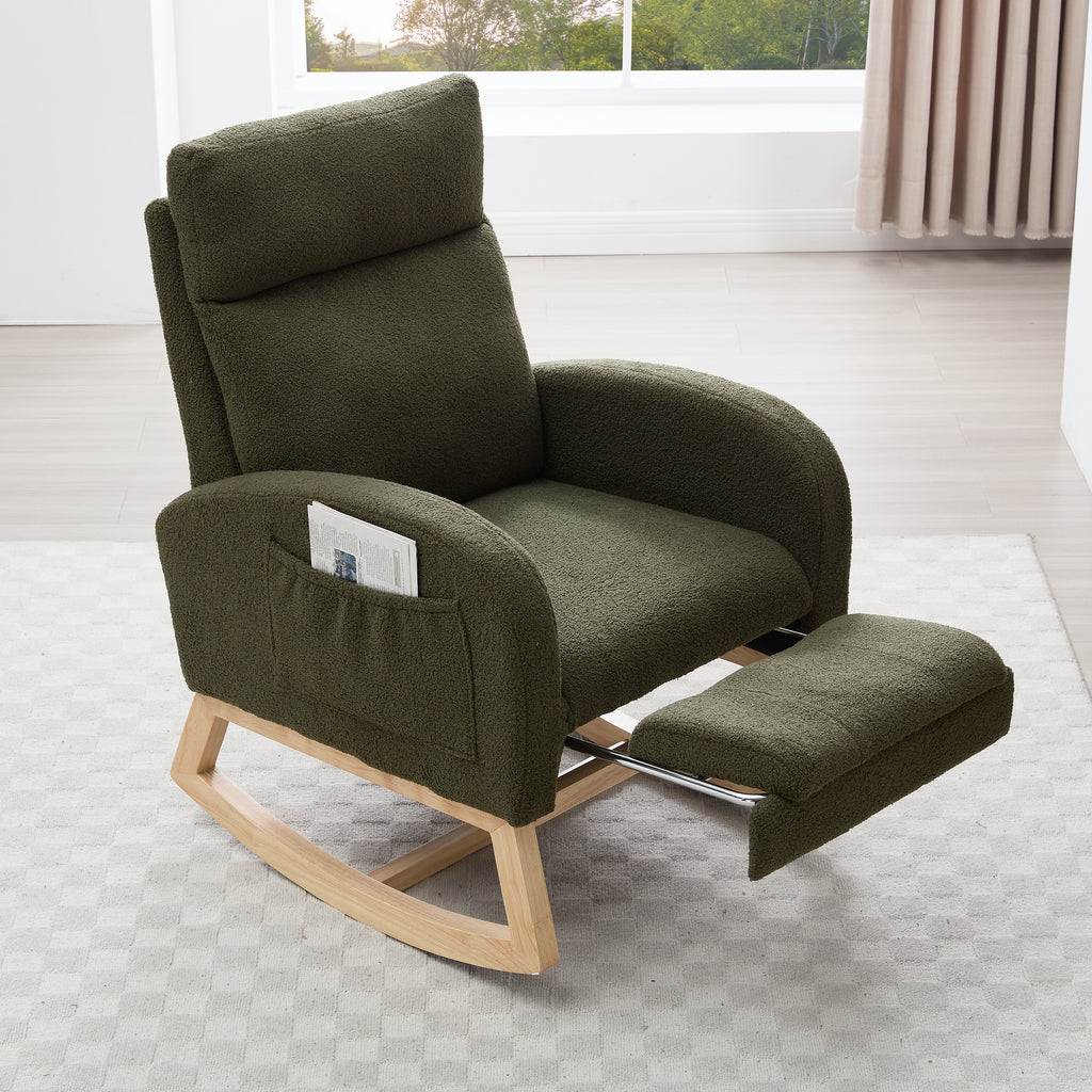 015B-Teddy Fabric Leisure Rocking Chair,Nursery Rocking Chair With Adjustable Footstool,Thickened Headrest And High Backrest, Storage Pocket On The Right Side,The Base Rocker Is Solid Wood,Green - Grand Goldman Shop