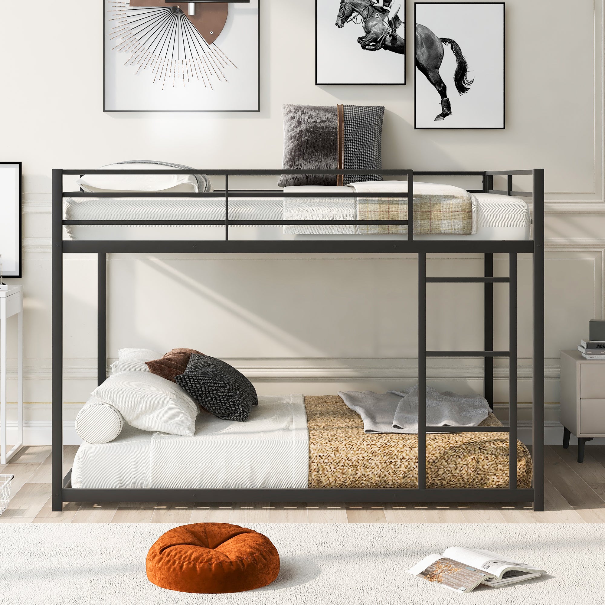 Full Over Full Metal Bunk Bed with Ladder, Black Steel Frame, 77.1''L x 55.9''W x 53.7''H - Grand Goldman Shop