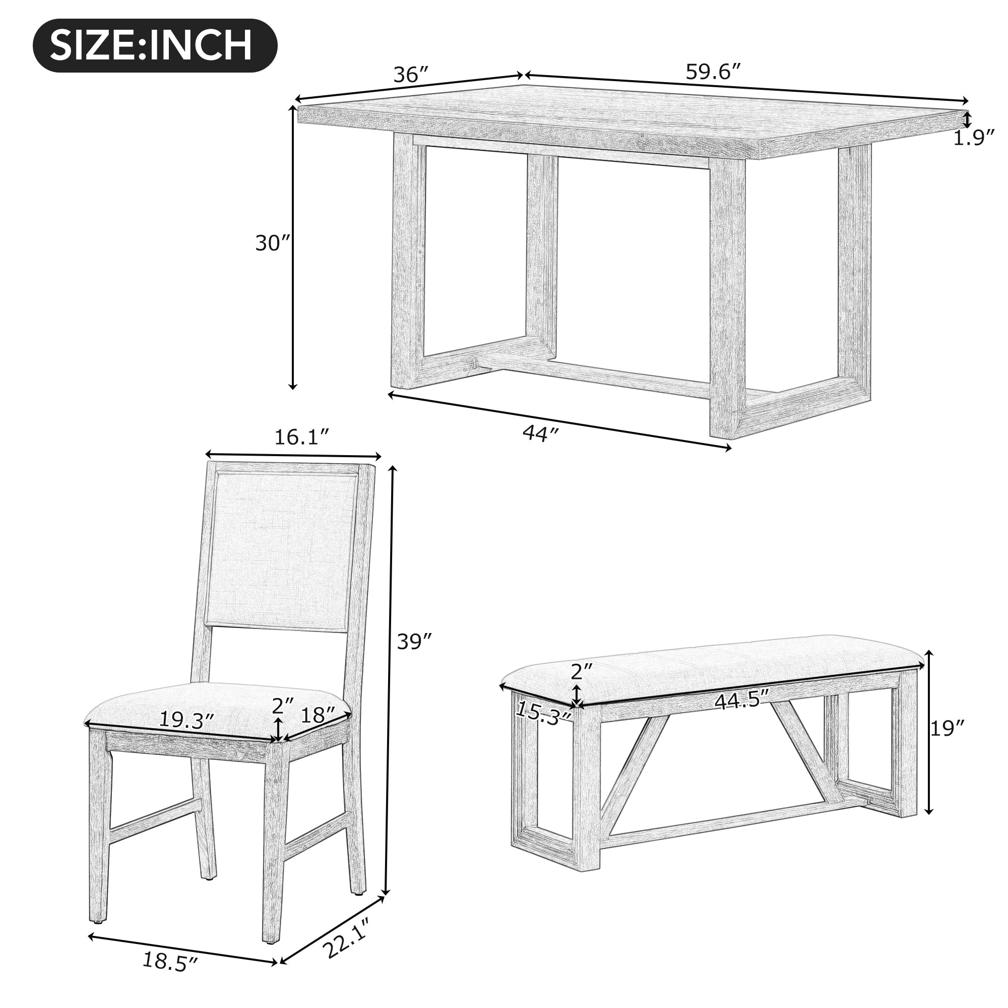 TREXM 6-Piece Retro Dining Table Set for 6, 60' Wood Kitchen Table and Chairs Set of 4 with Bench Designed Trestle Base for kitchen & Dining Room (Gray) - Grand Goldman Shop