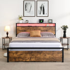 Queen Size Bed Frame with Storage Headboard and 2 Drawers, LED Lights Bed with Charging Station, Metal Platform Bed No Noise, Mattress Foundation Strong Metal Slats Support No Box Spring Needed - Grand Goldman Shop