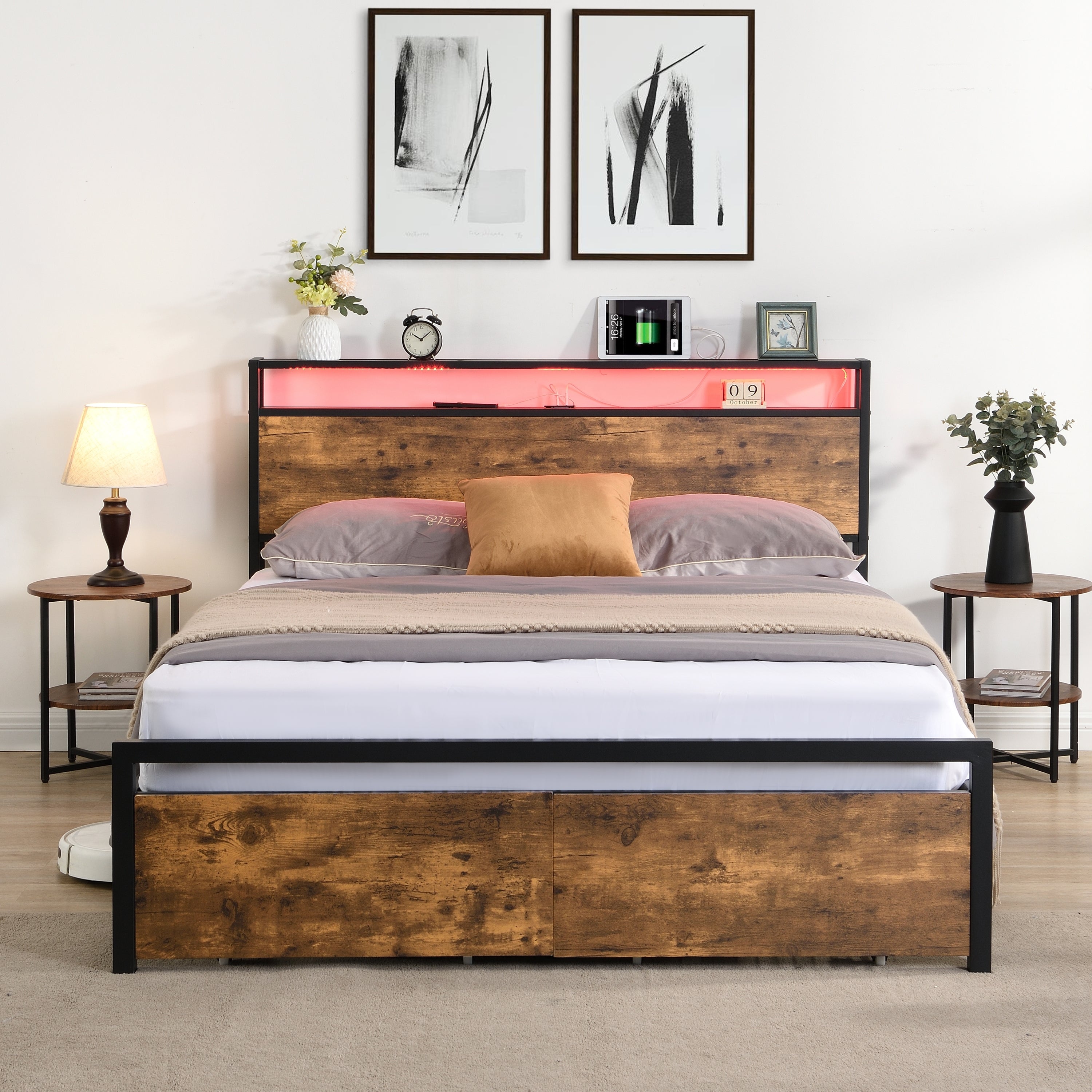 Queen Size Bed Frame with Storage Headboard and 2 Drawers, LED Lights Bed with Charging Station, Metal Platform Bed No Noise, Mattress Foundation Strong Metal Slats Support No Box Spring Needed - Grand Goldman Shop