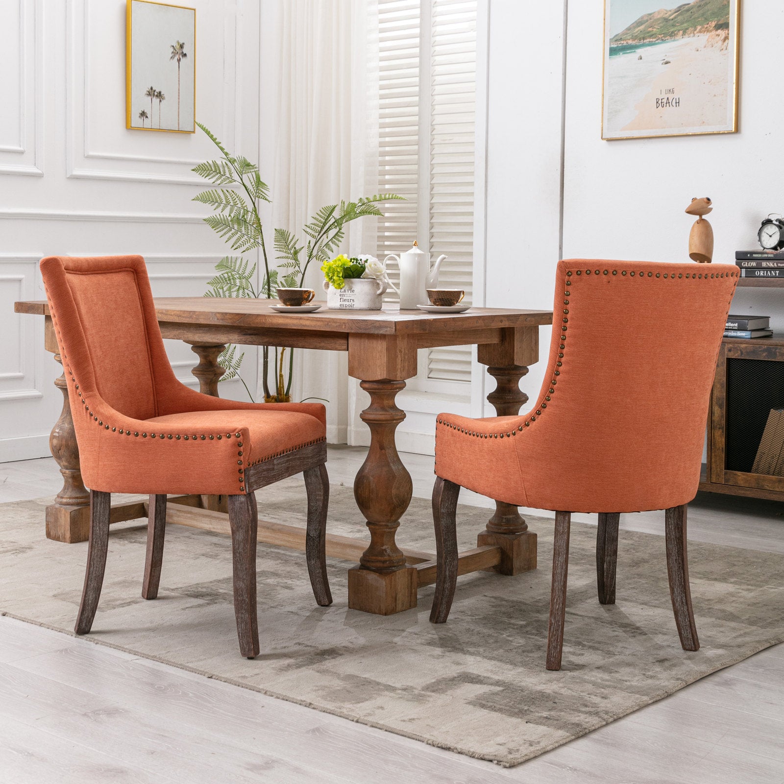 A&A Furniture,Ultra Side Dining Chair，Thickened fabric chairs with neutrally toned solid wood legs， Bronze nail head，Set of 2，Orange - Grand Goldman Shop
