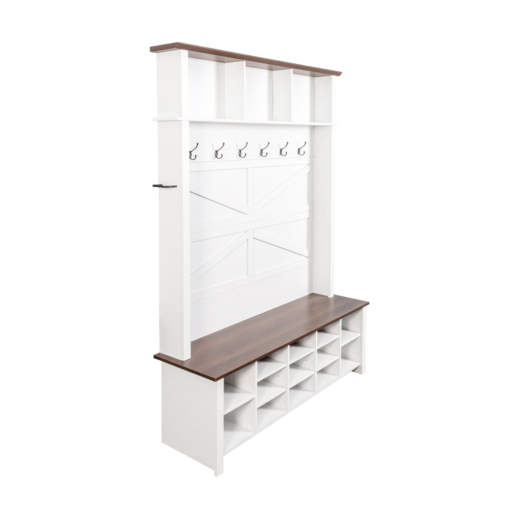 Farmhouse 4-in-1 Hall Tree with 6 Hooks, Walnut Entryway Bench with Shelves,  Wooden Style Rustic Shoe Organizer with 16 Open Compartments for Mudroom, Living Room, White (OLD SKU: N721P264915K) - Grand Goldman Shop
