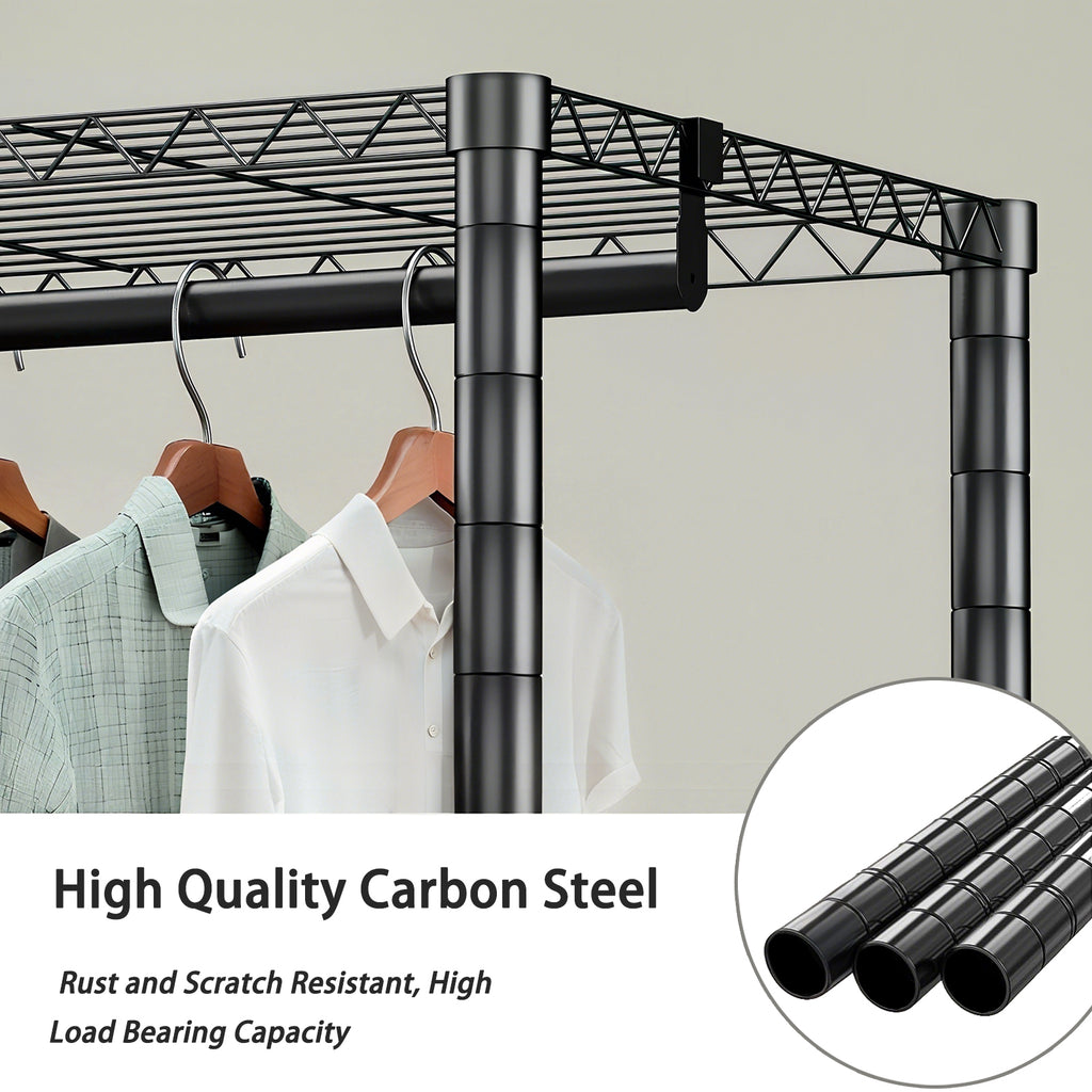 Heavy Duty Garment Rack With 8 Adjustable Wire Shelves and 5 Clothes Rails, Freestanding Closet Organizer, Black Metal - Grand Goldman Shop