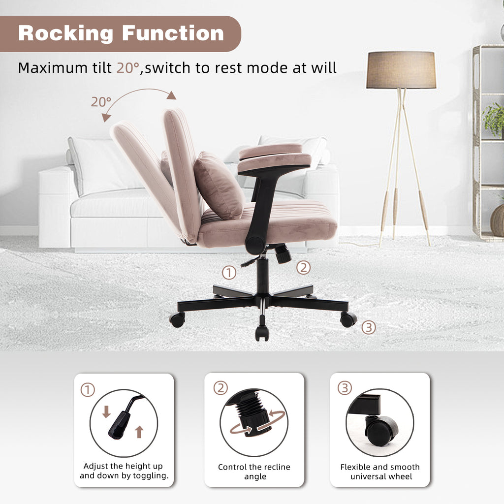 Pink Velvet Criss Cross Armrest Office Chair with Wheels - Comfortable for Home Office, Reading & Vanity - Grand Goldman