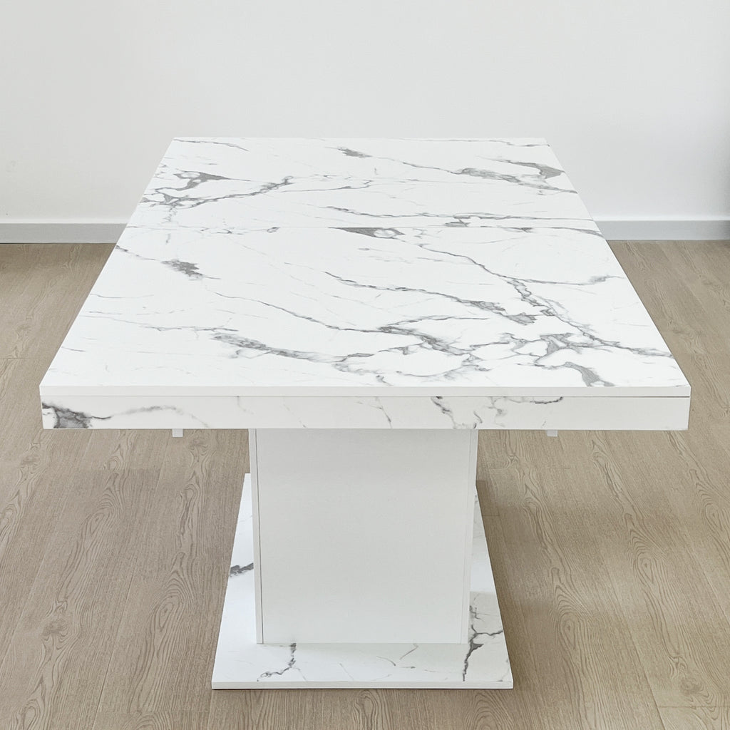 Extendable Dining Room Table for 6-10 Modern White Faux Marble Wooden Expandable Kitchen Table w/Dual Column Pedestal Base, Large Rectangle Dining Table - Grand Goldman Shop