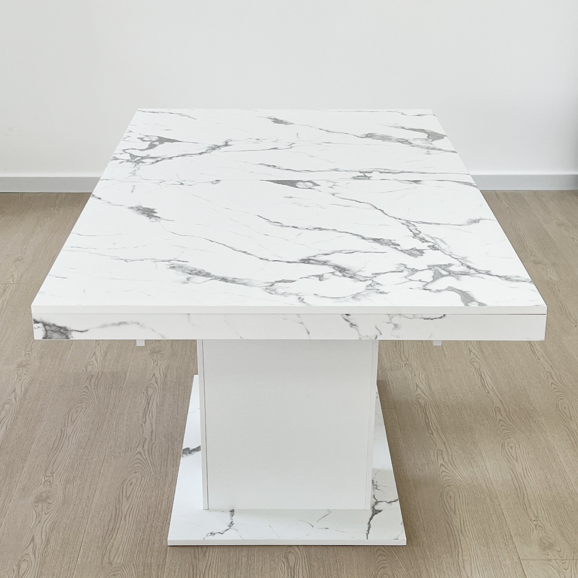 Extendable Dining Room Table for 6-10 Modern White Faux Marble Wooden Expandable Kitchen Table w/Dual Column Pedestal Base, Large Rectangle Dining Table - Grand Goldman Shop