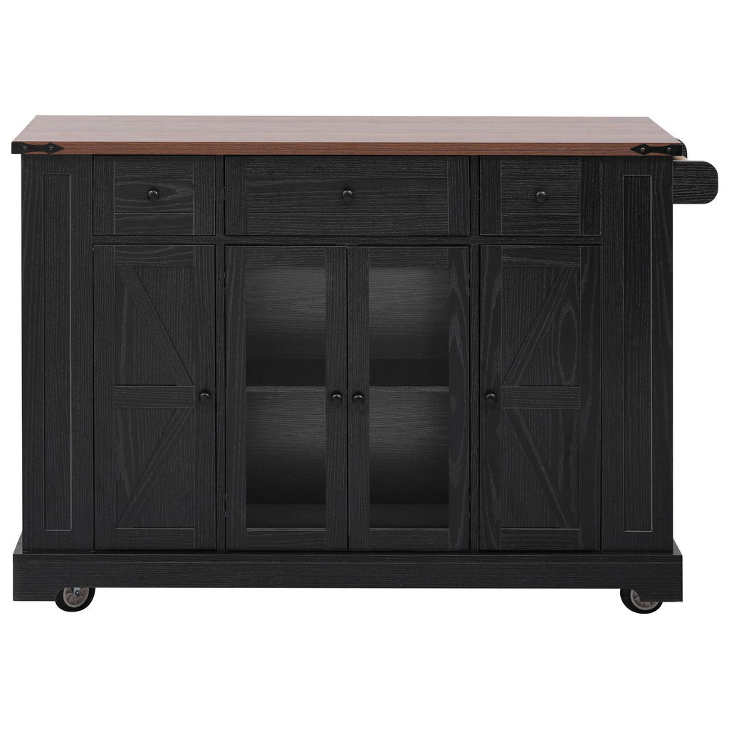 K&K 53'' Farmhouse Kitchen Island with Two Tempered Glass Cabinet Doors, Power Outlet, Rolling Kitchen Cart on Wheels with Drop Leaf, 5 Open Side Racks, 3 Drawers, for Kitchen, Dining Room, Black - Grand Goldman Shop