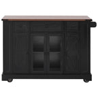 K&K 53'' Farmhouse Kitchen Island with Two Tempered Glass Cabinet Doors, Power Outlet, Rolling Kitchen Cart on Wheels with Drop Leaf, 5 Open Side Racks, 3 Drawers, for Kitchen, Dining Room, Black - Grand Goldman Shop