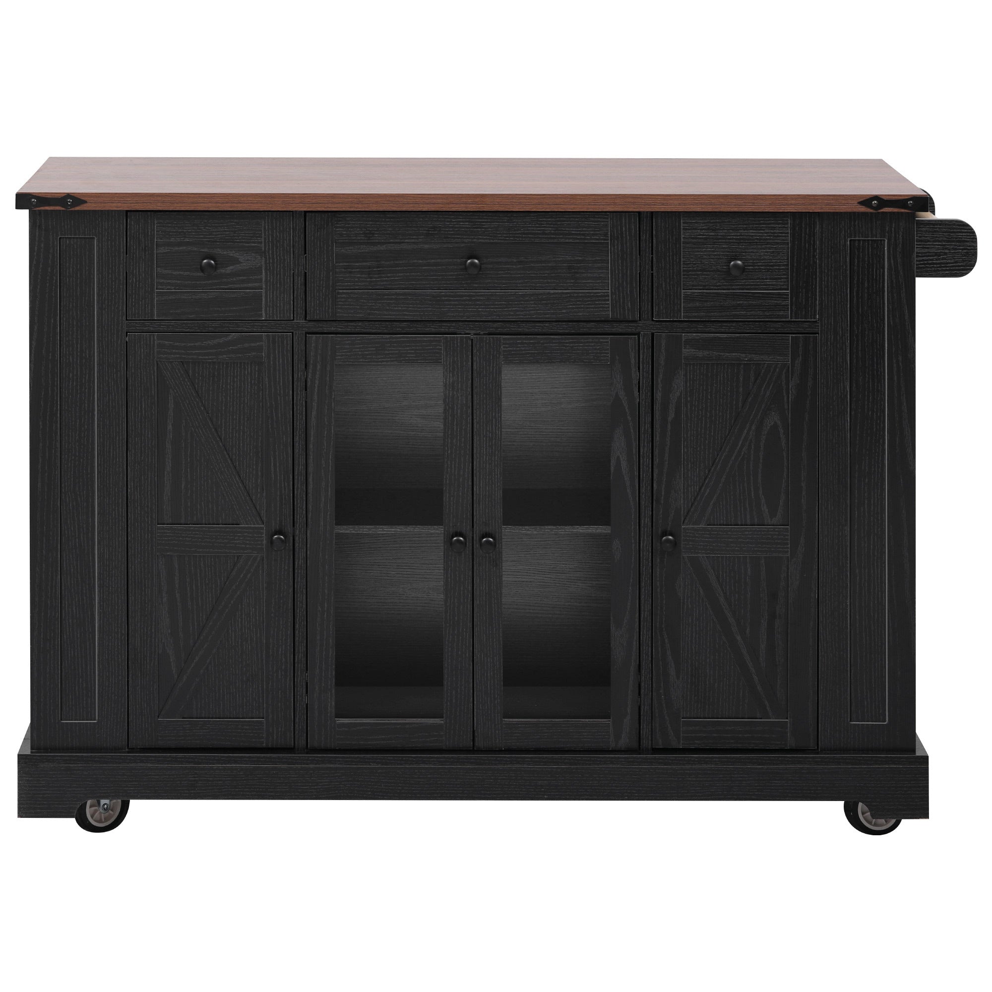 K&K 53'' Farmhouse Kitchen Island with Two Tempered Glass Cabinet Doors, Power Outlet, Rolling Kitchen Cart on Wheels with Drop Leaf, 5 Open Side Racks, 3 Drawers, for Kitchen, Dining Room, Black - Grand Goldman Shop