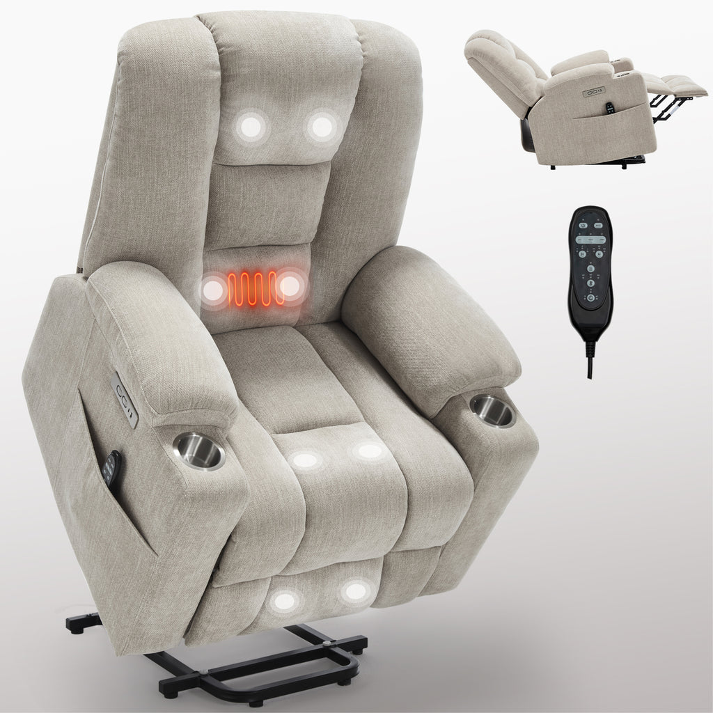 Power Lift Recliner Chair with Massage and Heat for Elderly, Overstuffed Wide Recliners, Heavy Duty Motion Mechanism with USB and Type C Ports, 2 Steel Cup Holders, Beige - Grand Goldman Shop