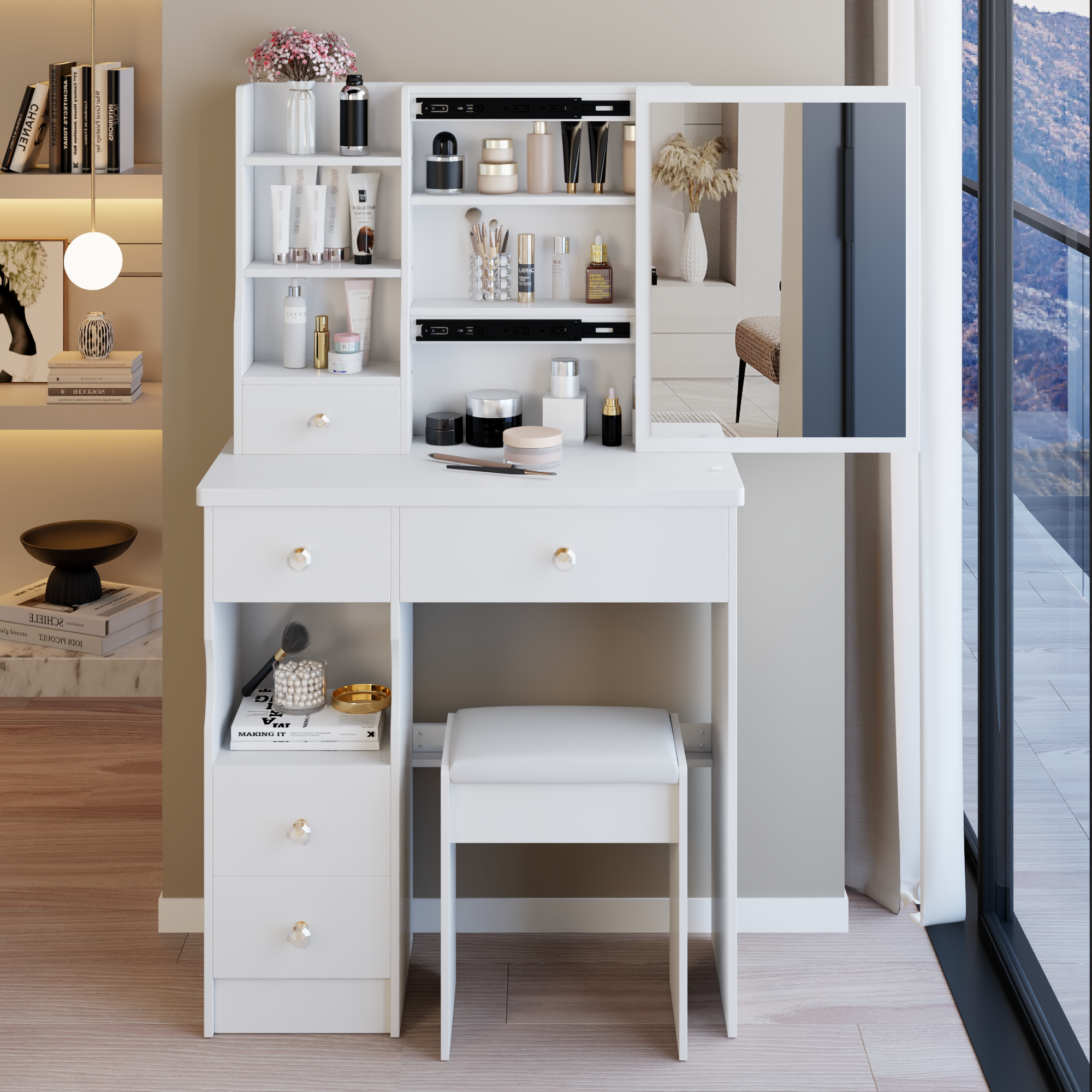 29.2' Small Space Left Drawer Desktop Vanity Table + Cushioned Stool, Extra Large Right sliding mirror, Multi Layer High Capacity Storage, Practical Fashionable Dresser, Suitable For Small Space - Grand Goldman Shop
