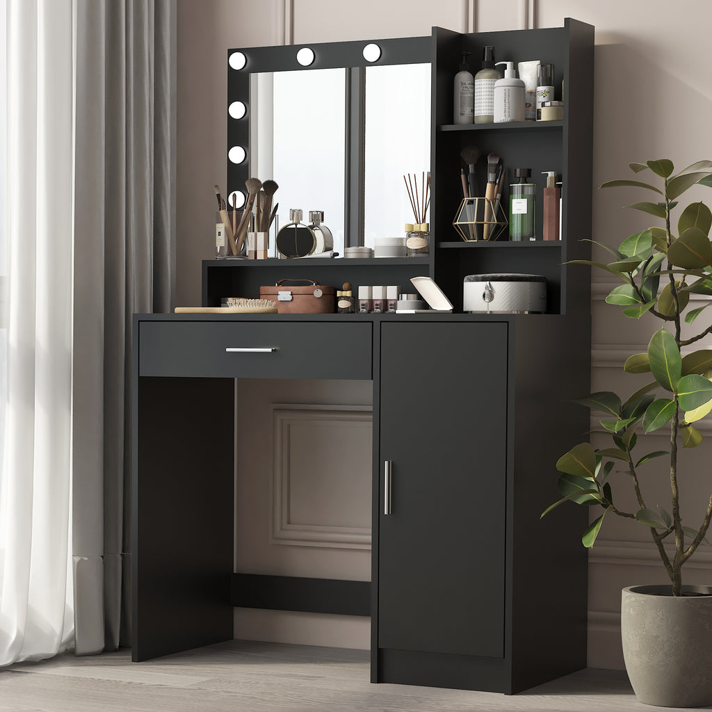 Vanity Desk with Mirror & Light, Large Drawer Three Level Storage Dresser, 3 Lighting Modes Adjustable Brightness, Bedroom Dressing Table(black) - Grand Goldman Shop