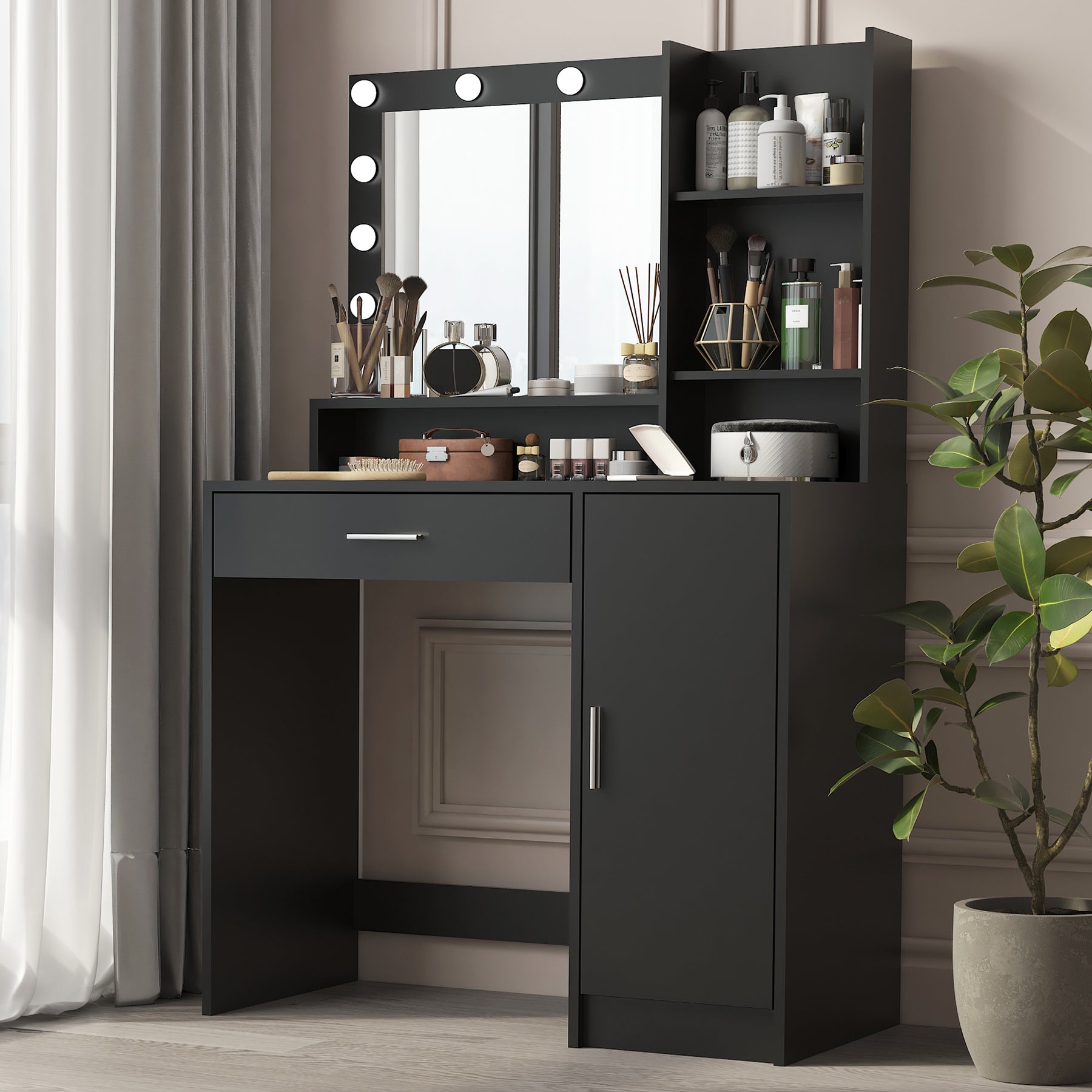 Vanity Desk with Mirror & Light, Large Drawer Three Level Storage Dresser, 3 Lighting Modes Adjustable Brightness, Bedroom Dressing Table(black) - Grand Goldman Shop