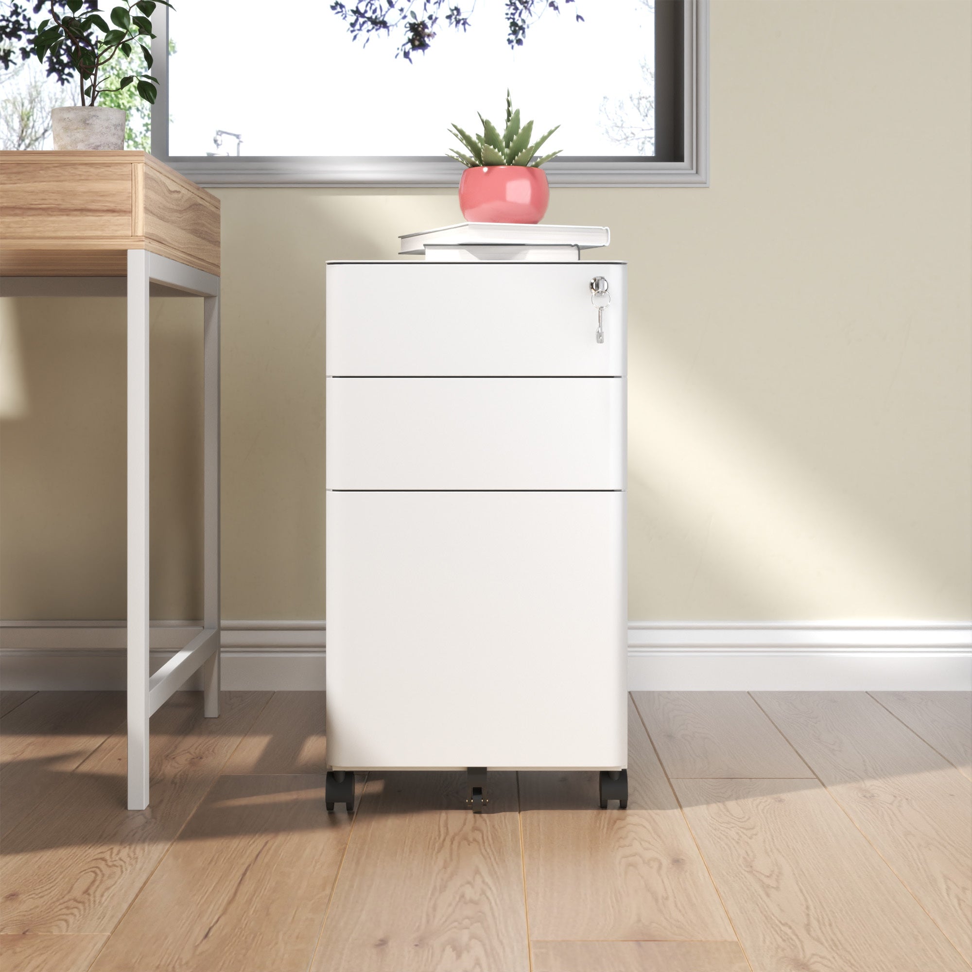 3-Drawer Mobile File Cabinet with Lock, All-Steel Metal Storage on Wheels, Two Shallow & One Deep Drawer for Office/Home, Ful