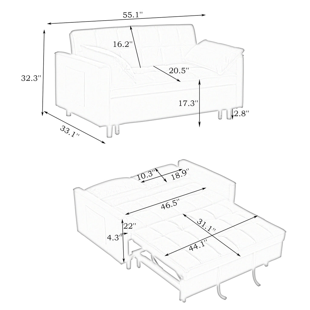 Modern Velvet Sofa Bed, 3-in-1 Convertible Love Seat with Backrest, Pillow, Pockets, Black Velvet, Metal Legs, 55x33x32.28 inches - Grand Goldman Shop