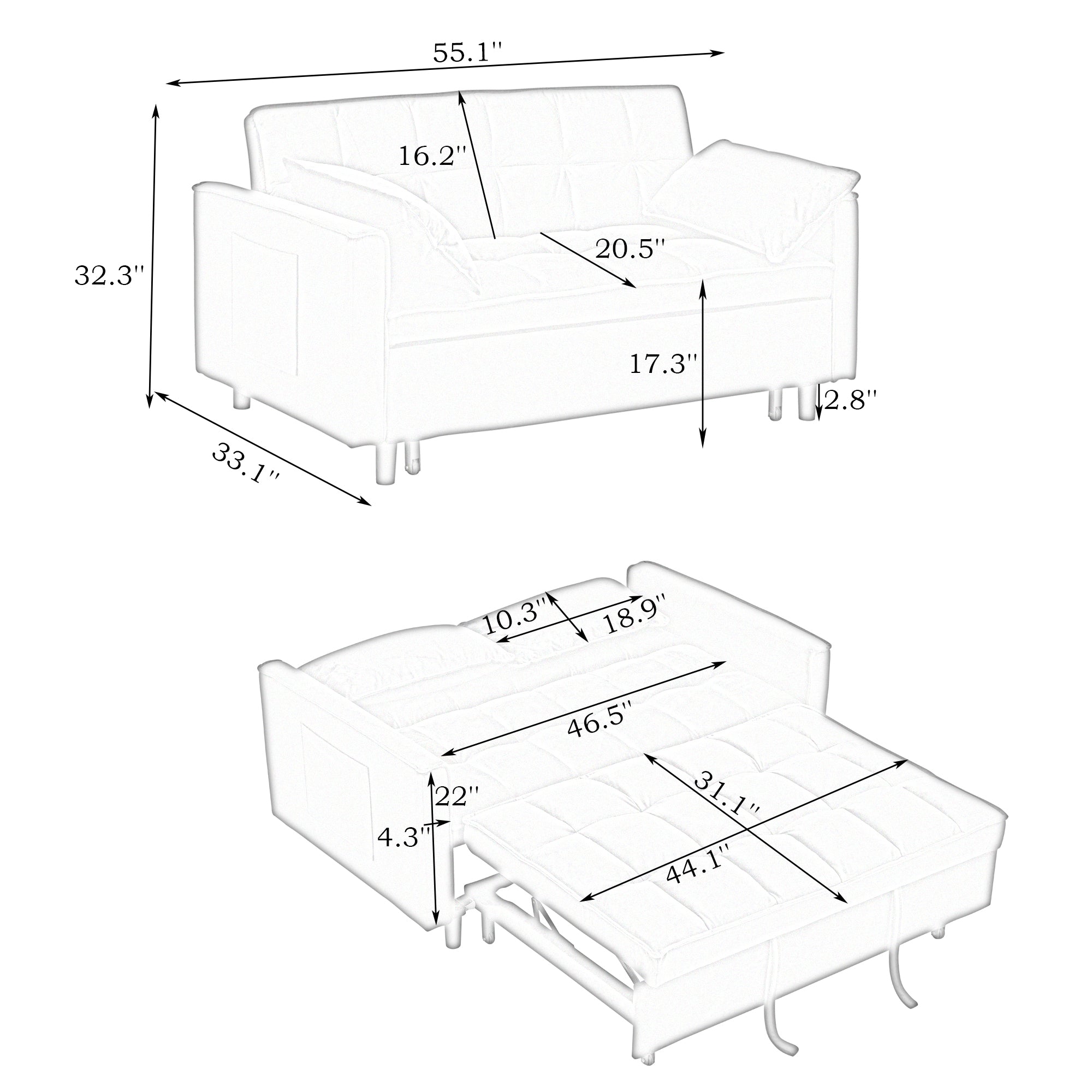 Modern Velvet Sofa Bed, 3-in-1 Convertible Love Seat with Backrest, Pillow, Pockets, Black Velvet, Metal Legs, 55x33x32.28 inches - Grand Goldman Shop