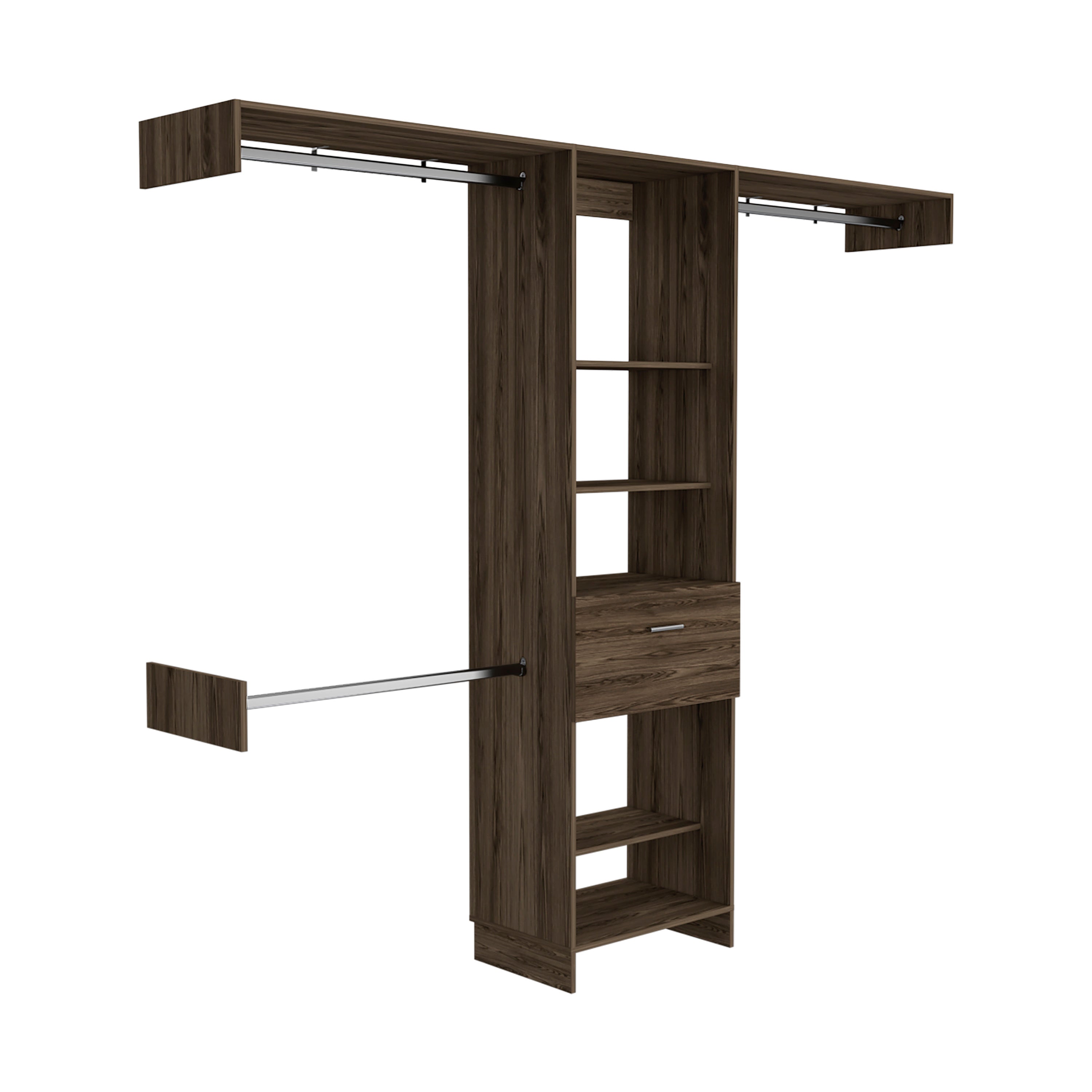 Manchester 250 Closet System, Five Open Shelves, One Drawer, Three Metal Rods -Dark Walnut - Grand Goldman Shop