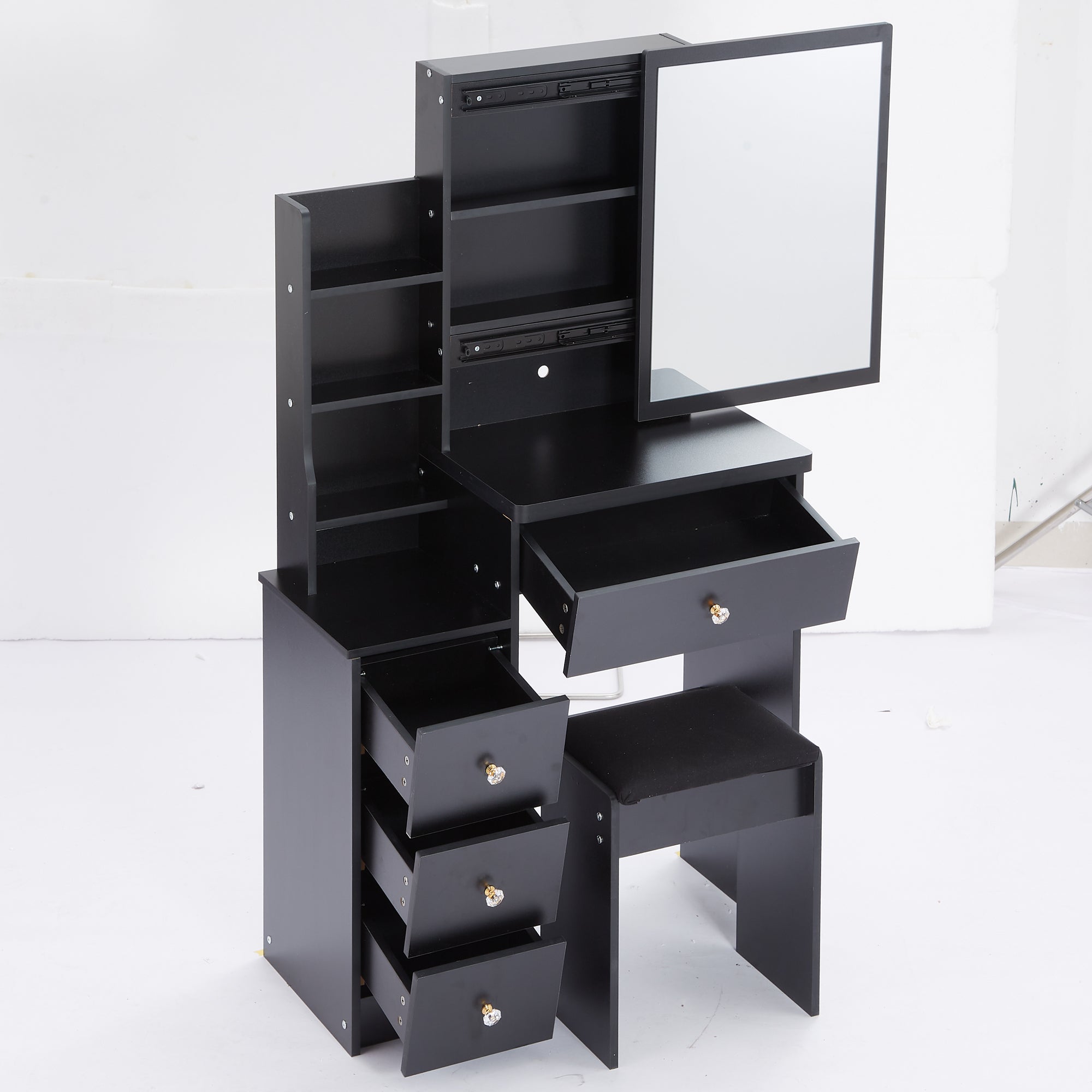 29.2' Small Space Left Bedside Cabinet Vanity Table + Cushioned Stool, Extra Large Right sliding mirror, Multi Layer High Capacity Storage, Practical Fashionable Dresser, Suitable For Small Space - Grand Goldman Shop