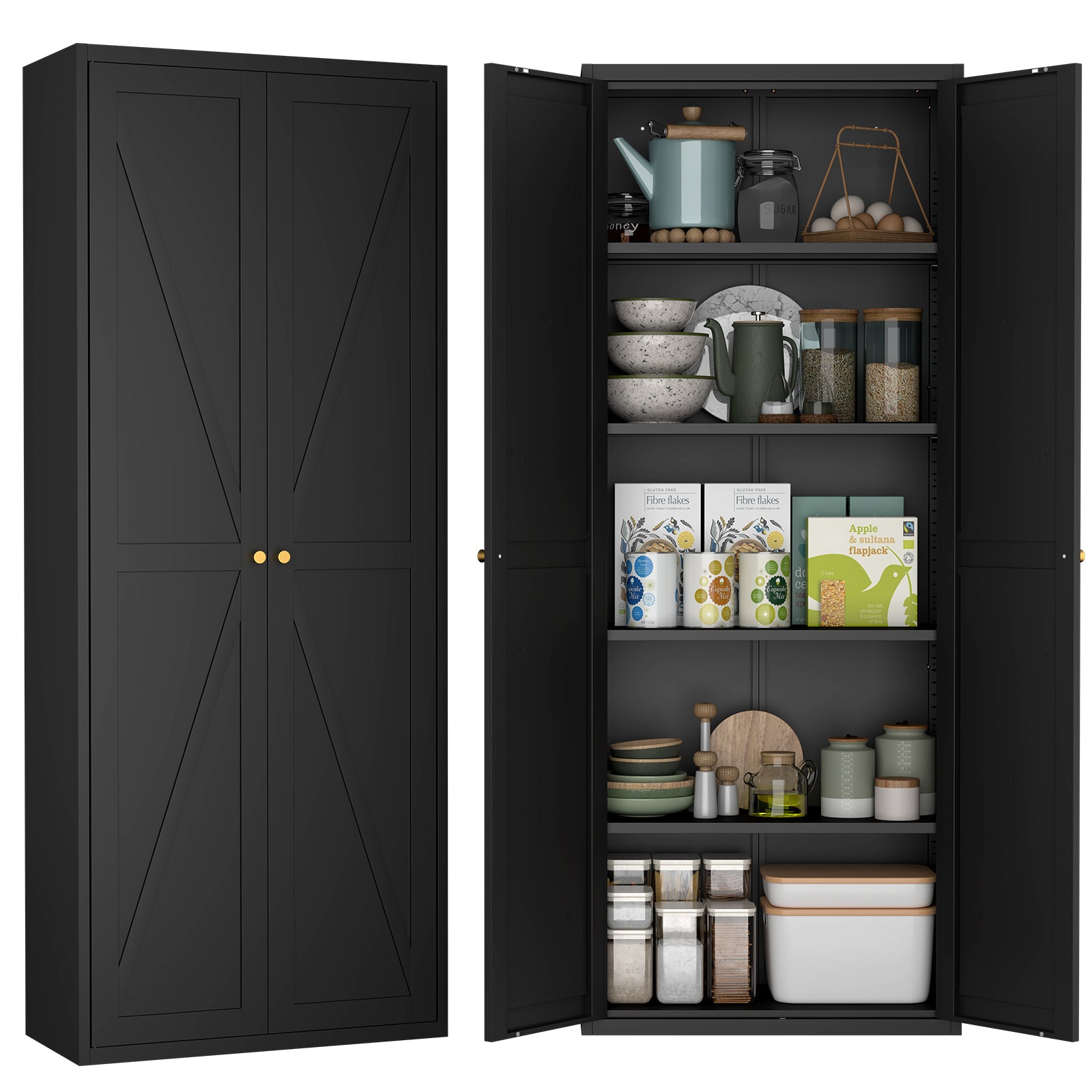 Black Metal Kitchen Pantry Cabinet with Adjustable Shelves and Gold Handles, Tall Steel Storage Locker for Kitchen, Living Ro