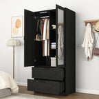 2 Door Wood Wardrobe for Bedroom with Hanging Clothing Rod inside the Cabinet and 2 Drawers for Storage Organization, Built-in induction light Multifunctional Closet with Mirror, Black - Grand Goldman Shop