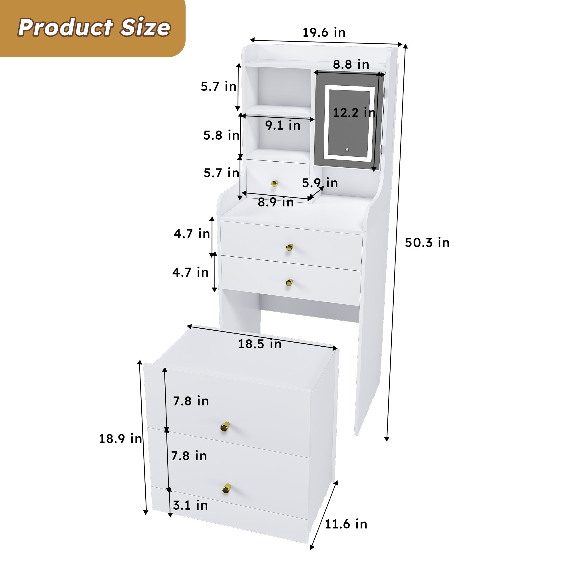 3-in-1 Dressing Table with LED Mirror & Storage Stool, Compact Makeup Vanity, White MDF, 50.39x19.69x15.75 inches - Grand Goldman Shop