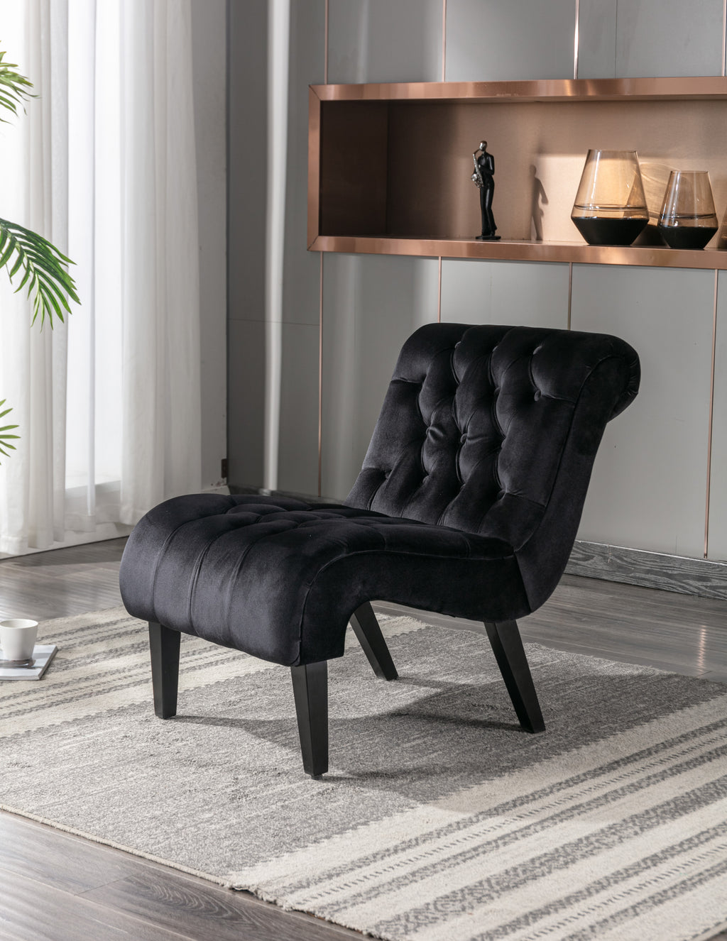 COOLMORE Modern Velvet Armless Accent Living Room Chair / Leisure Chair,Upholstered Fabric Button Comfortable Chair with Wooden Legs for Bedroom, Living Room, Office (Black Velvet) - Grand Goldman Shop