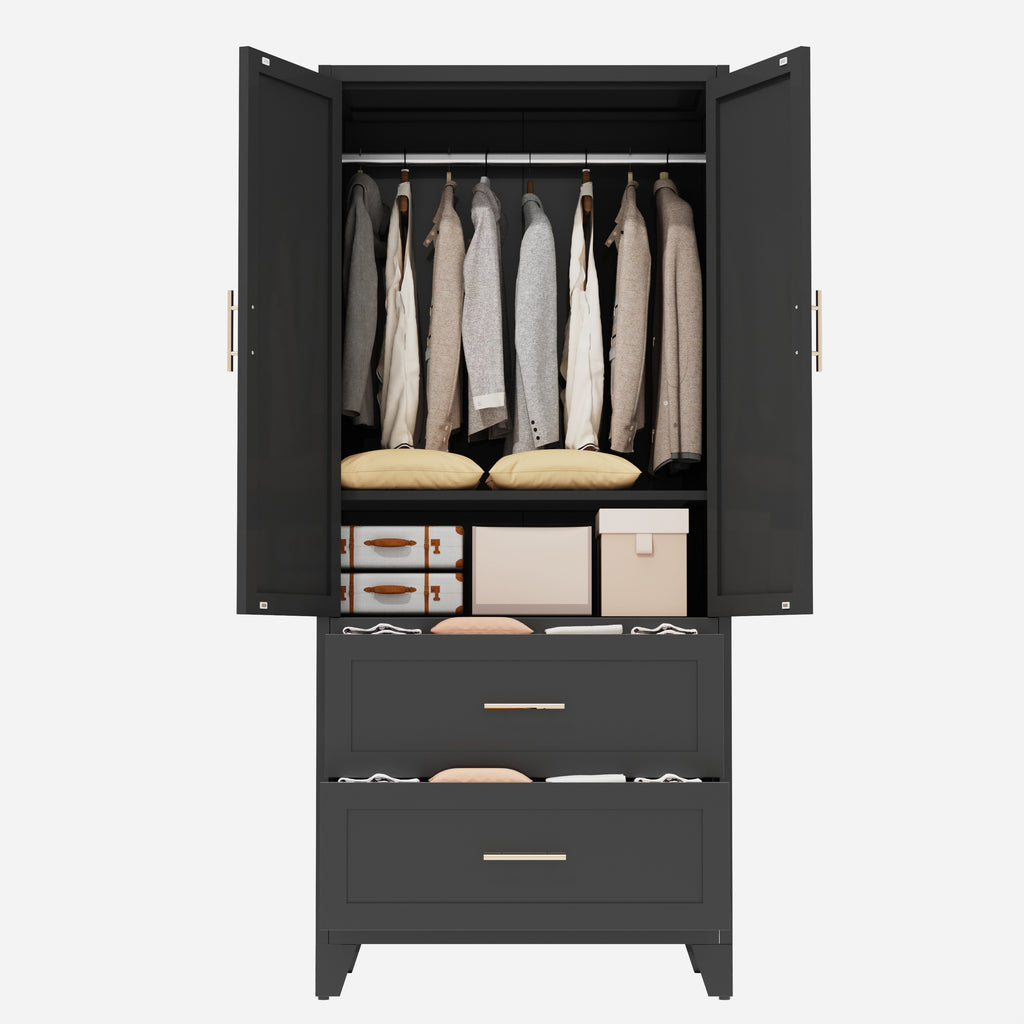 71' Tall Metal Wardrobe Cabinet with 2 Drawers and Hanging Rod, 2 Doors Wardrobe Closet with Shelf for Bedroom, Office, Laundry Room,Entryway ,Foyer,Guesthouse (Black) - Grand Goldman Shop