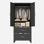 71' Tall Metal Wardrobe Cabinet with 2 Drawers and Hanging Rod, 2 Doors Wardrobe Closet with Shelf for Bedroom, Office, Laundry Room,Entryway ,Foyer,Guesthouse (Black) - Grand Goldman Shop