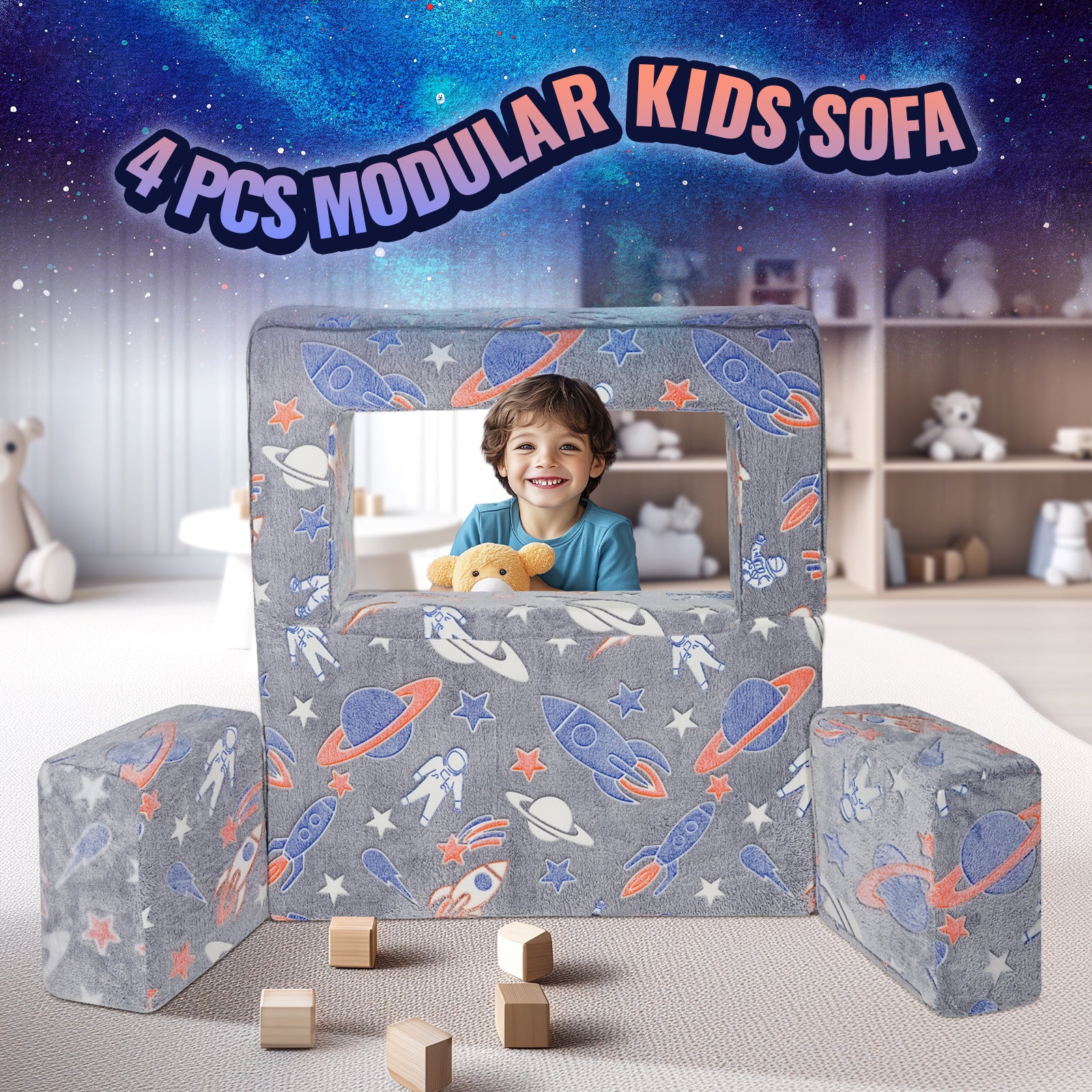Kids Couch, 4Pcs Toddler Couch Sofa Bed, Kids Chair Seat Playroom Furniture, Child Sectional Sofa with Removable Cover for Ki