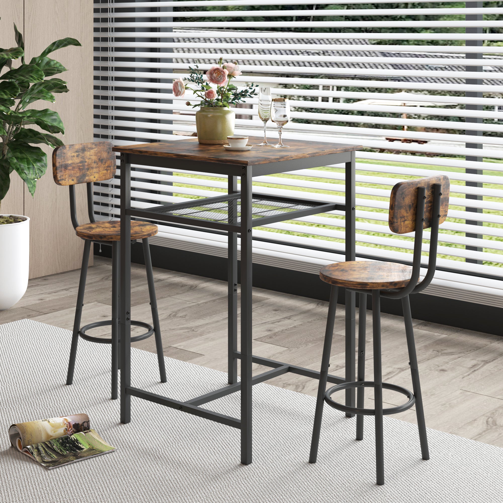 Bar table, equipped with 2 bar stools , with backrest and partition (Rustic Brown) - Grand Goldman Shop